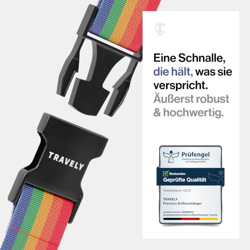 Detalle de Travely Premium Koffergurt – Regenbogen-Set, 2er Pack mit Namensschildern