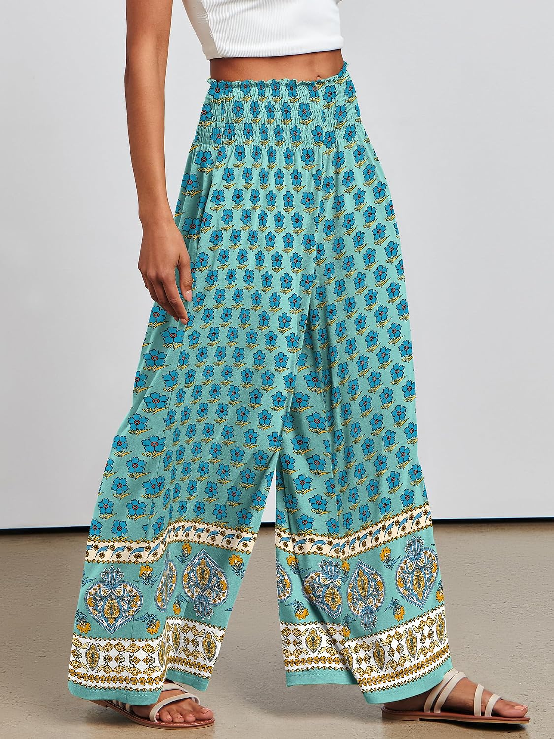 Detalle de ANRABESS Women Palazzo Pants Summer Boho Bagyy Wide Leg High Smocked Waist with Pockets