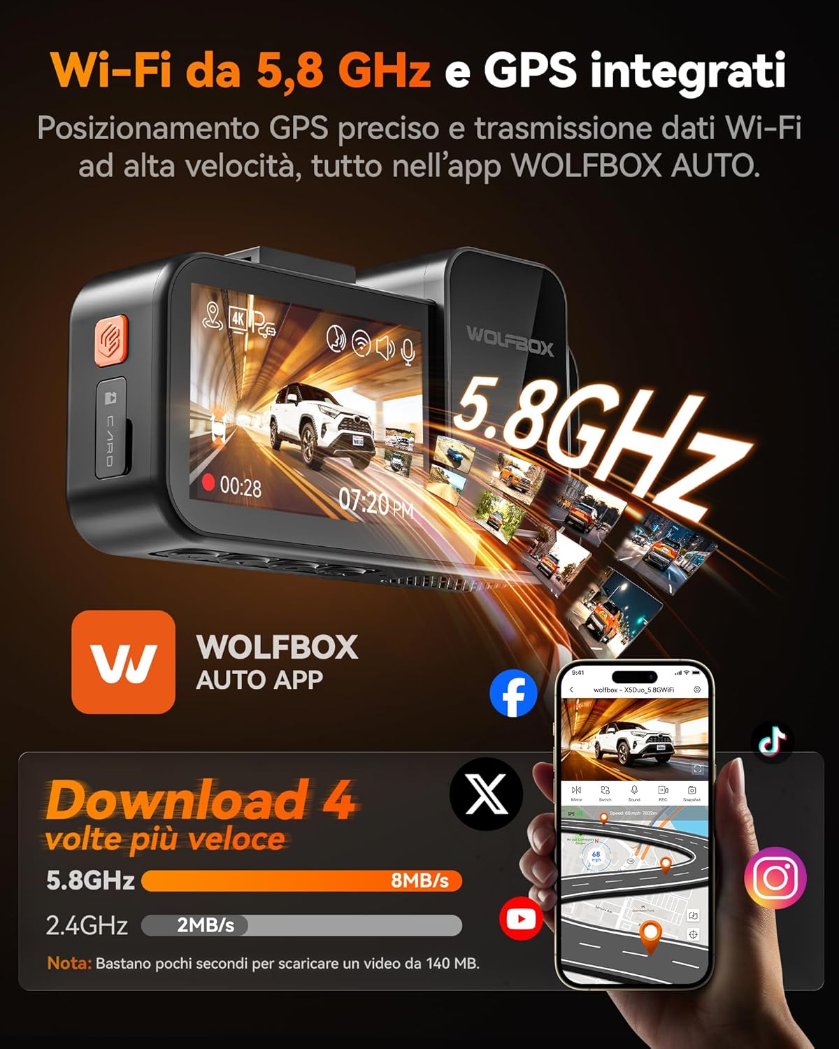 Thumbnail 6 de WOLFBOX X5 Duo 4K + 2.5K Dashcam auto anteriore e posteriore con anti shake, STARVIS 2 HDR, Wi‑Fi 5.8 GHz e GPS