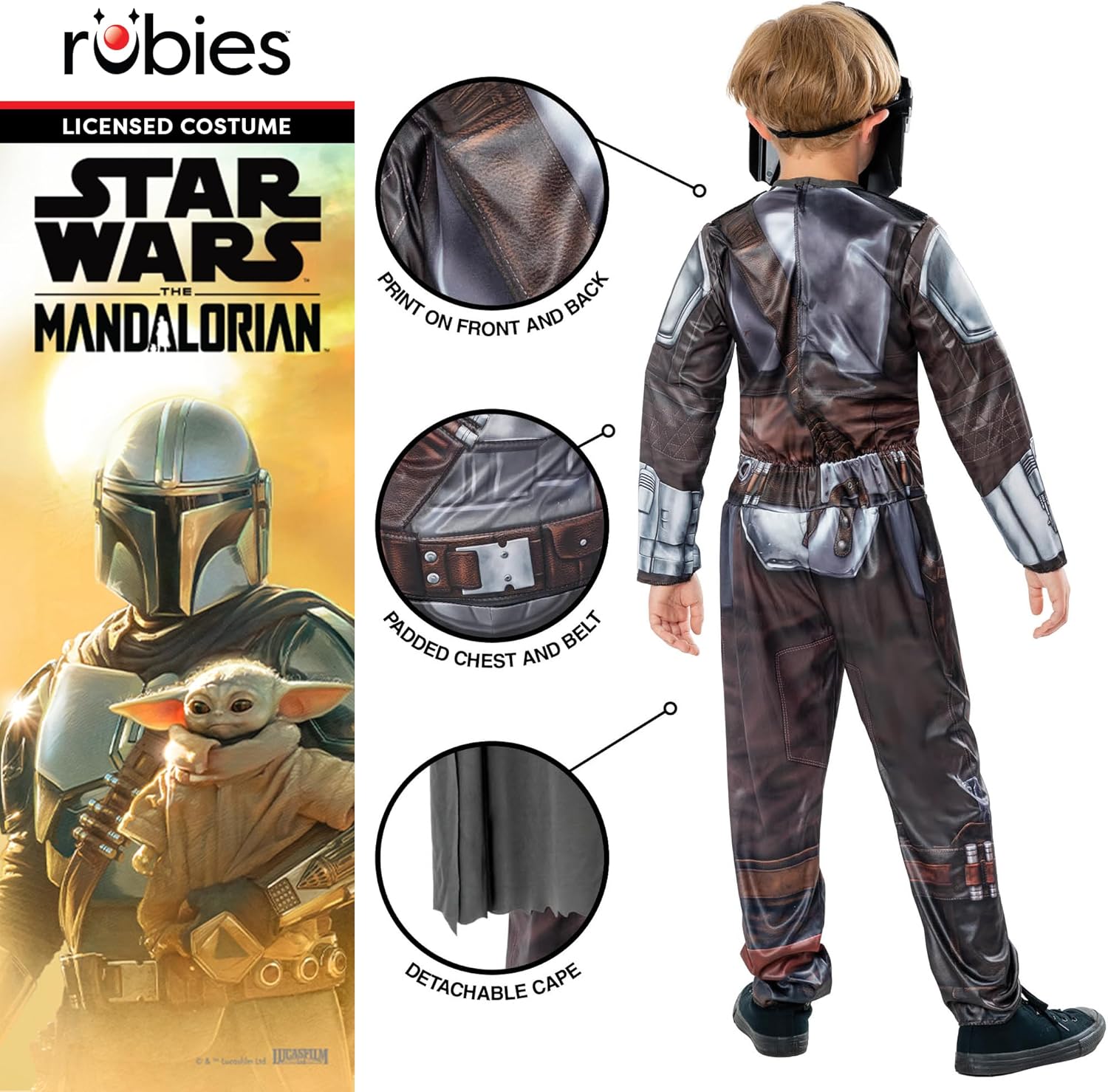 Thumbnail 3 de Rubies Costume Mandalorian per Bambini: tuta imbottita, mantello e maschera con licenza ufficiale