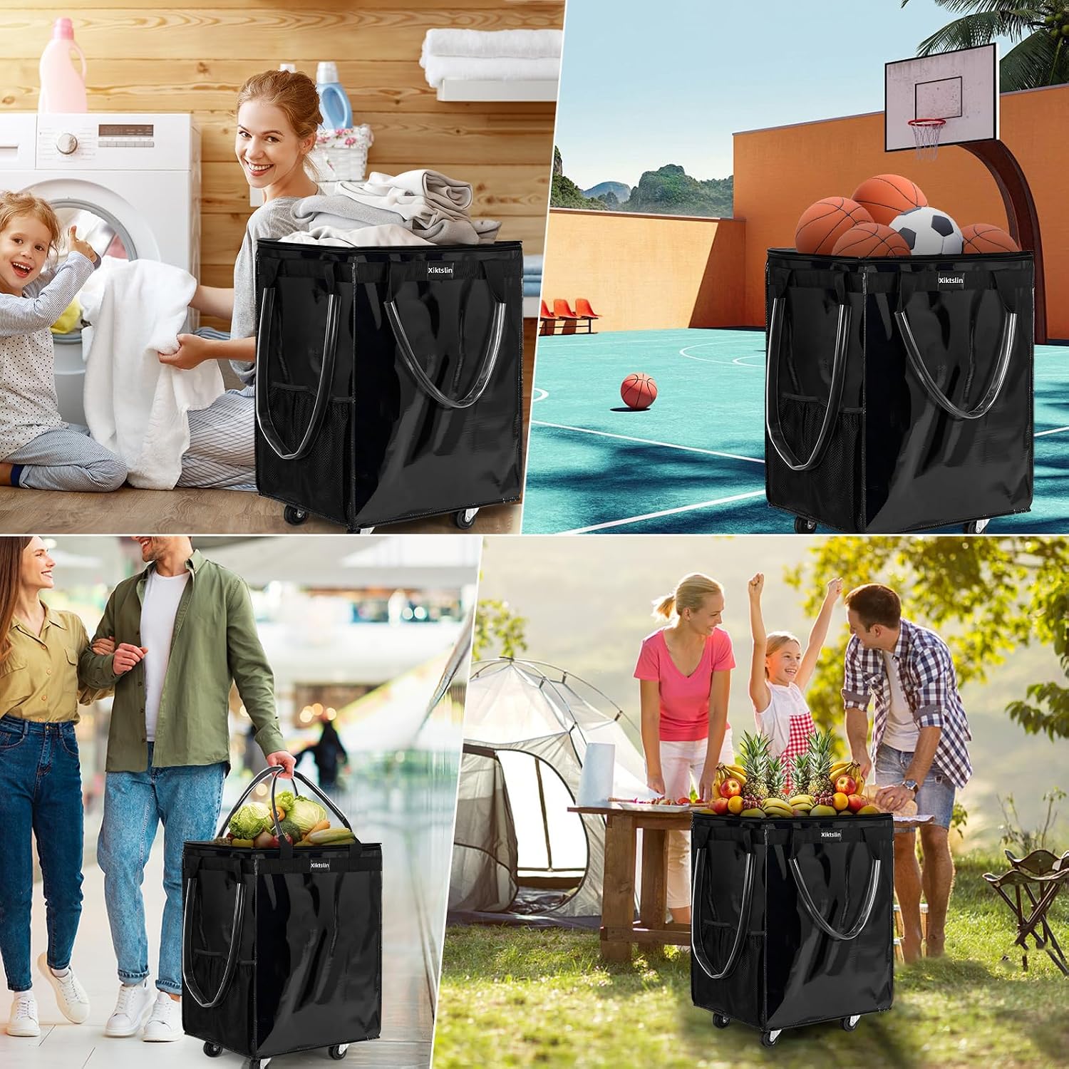 Detalle de (Large, Black) Reusable Rolling Grocery Bag on 5 Wheels with Zipper, 72L Foldable Tote