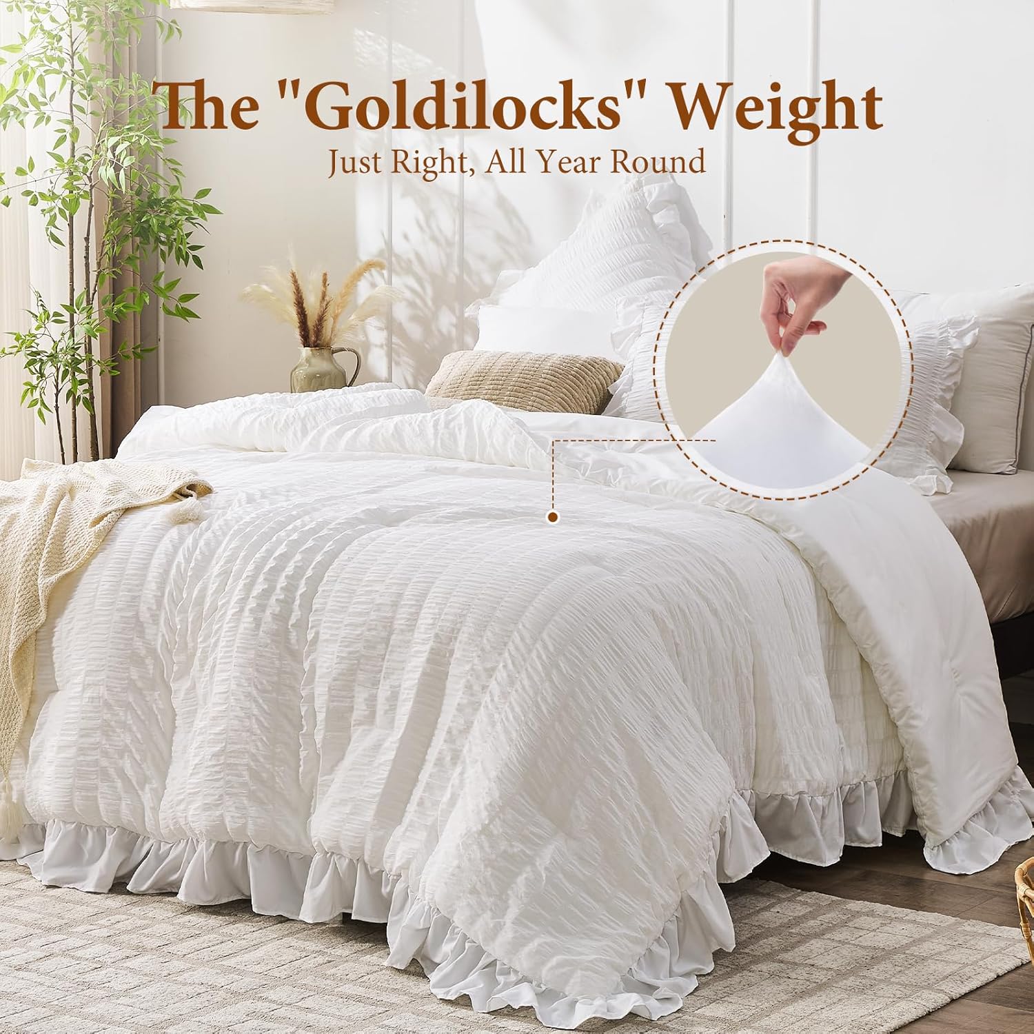 Thumbnail 2 de JOLLYVOGUE White Comforters Queen Size Ruffle Seersucker Set (3-Piece)