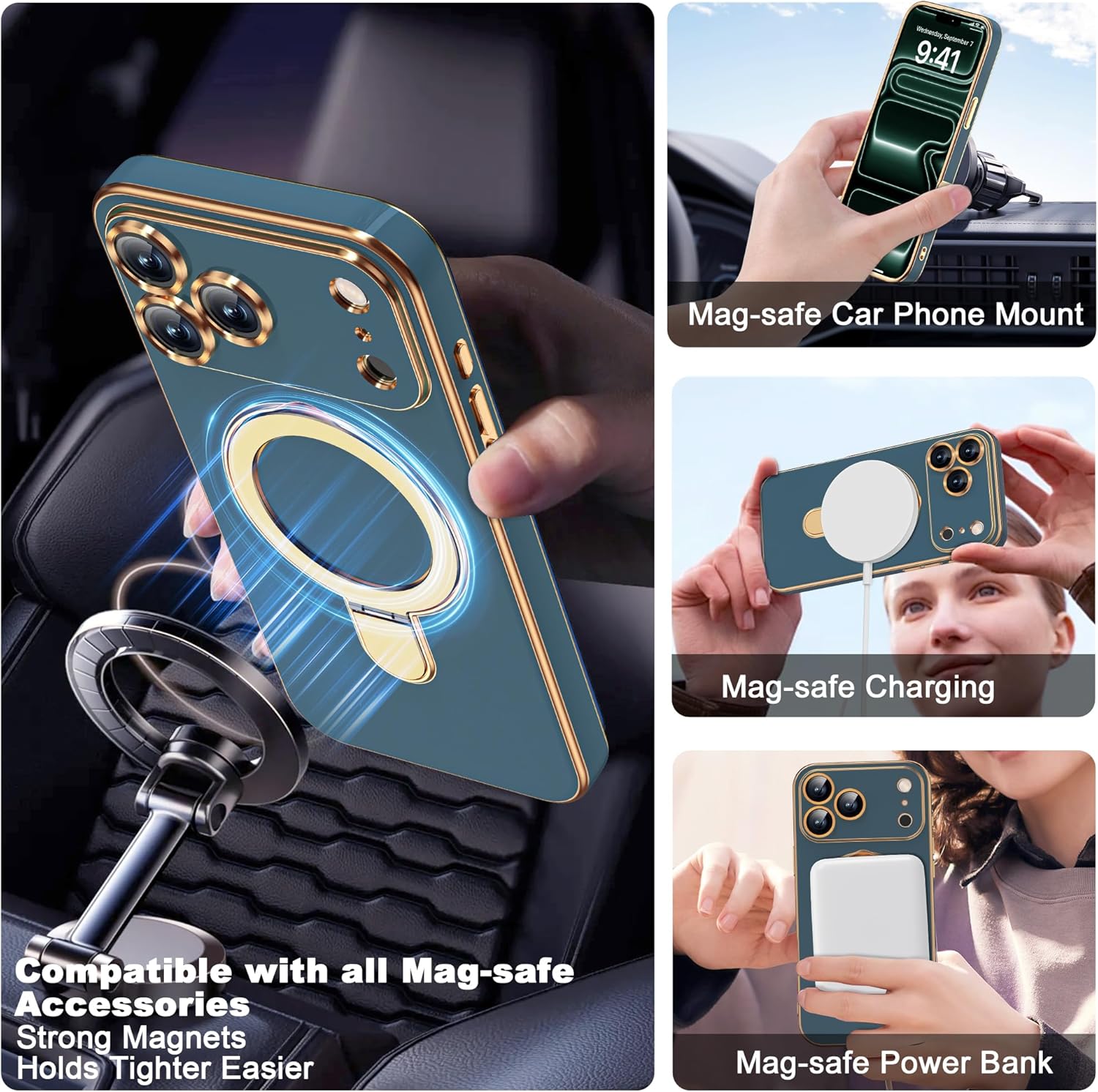 Thumbnail 3 de ETPESOK Compatible iPhone 17 Pro Max Case with Magnetic Ring Stand (Mag-Safe) and Full Camera Lens Protector, Grey Blue