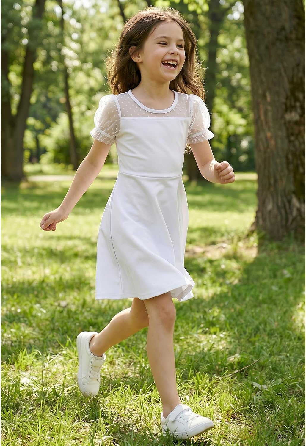 Detalle de JiAmy Girls Summer Dress with Puff Sleeves and Tulle Patchwork – A-Line Knee Length Party Dress (5–14 Years)