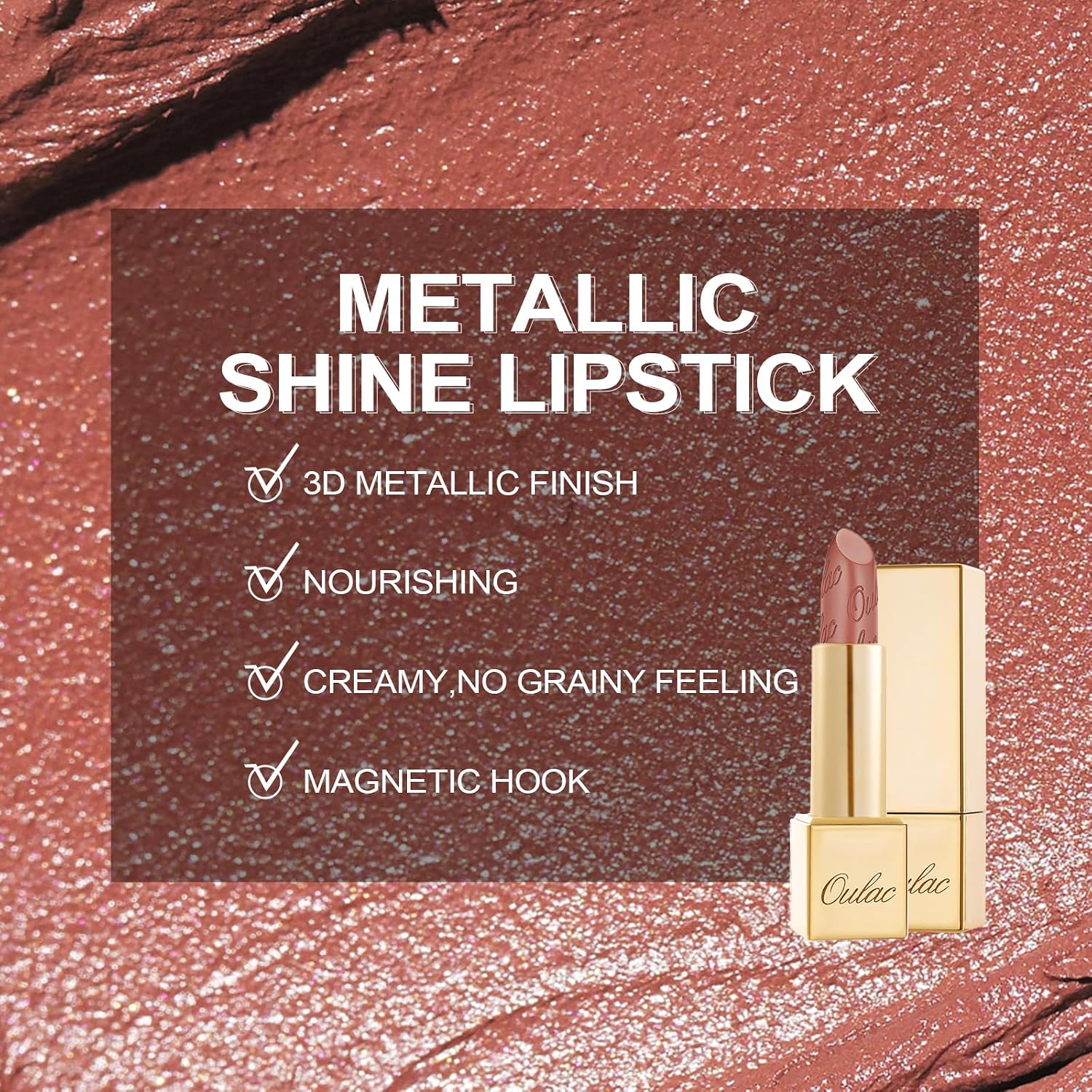 Detalle de OULAC Lippenstift Metallic Glanz Finish – Braun, langanhaltend mit Feuchtigkeit & Glitzer