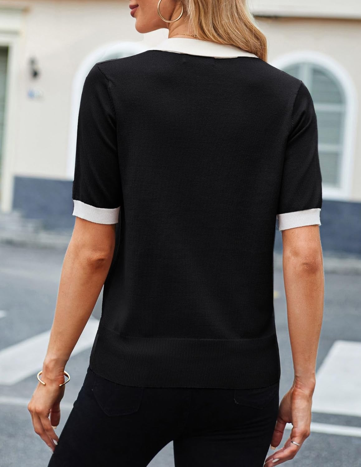 Detalle 2 de Kate Kasin Women’s Short Sleeve Polo Sweater (V-Neck Ribbed Knit Pullover)