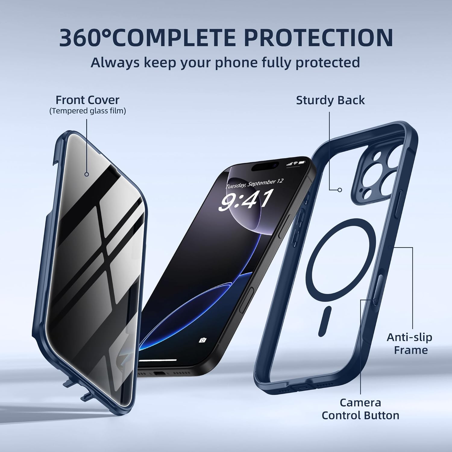 Thumbnail 2 de BERFY iPhone 16 Pro Max Case with MagSafe and Built-in Privacy Screen – Clear Dark Blue