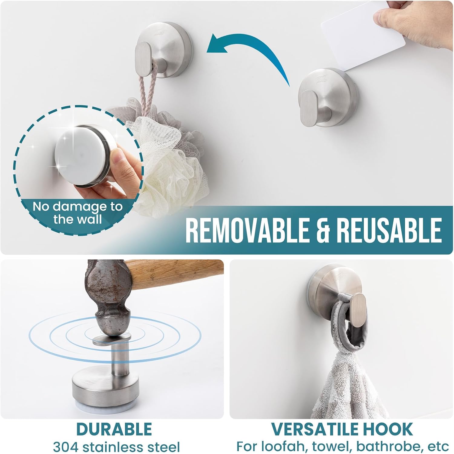 Detalle de TAILI Bathroom Towel Hooks with Vacuum Suction Cups (2 Pack) – Stainless Steel, No Drilling