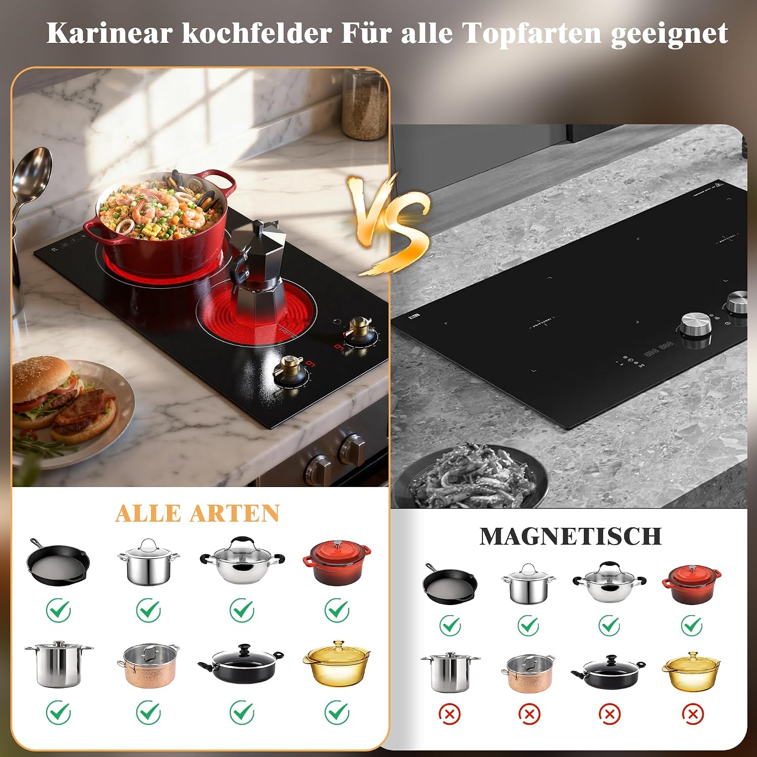 Detalle de Karinear Glaskeramikkochfeld 2 Platten mit Stecker – tragbar, 3000 W, Doppel-Drehknopf, 30 cm, infrarot-heizung