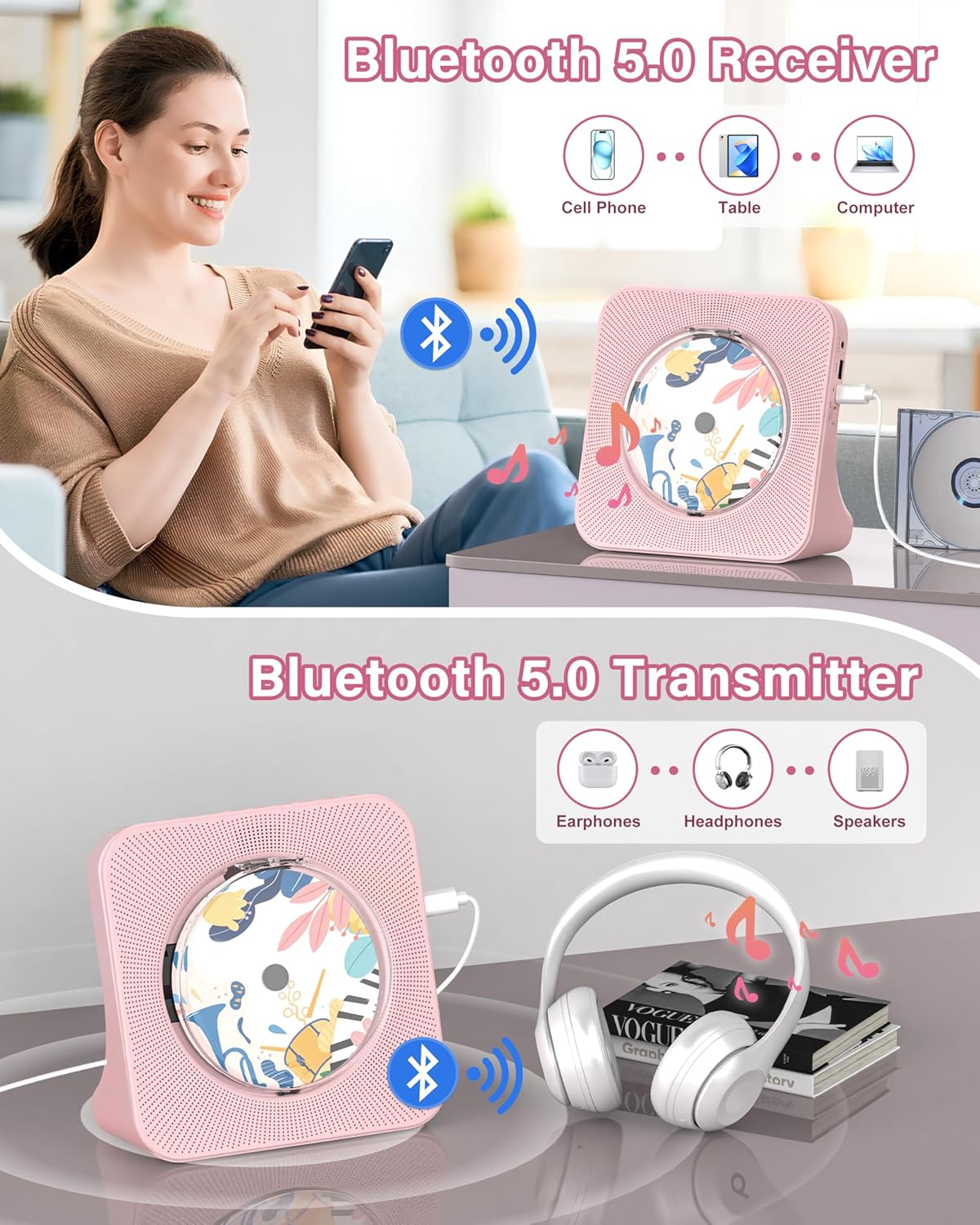 Thumbnail 2 de Greadio Portable CD Player with Bluetooth 5.0, FM Radio, AUX & USB (Pink)
