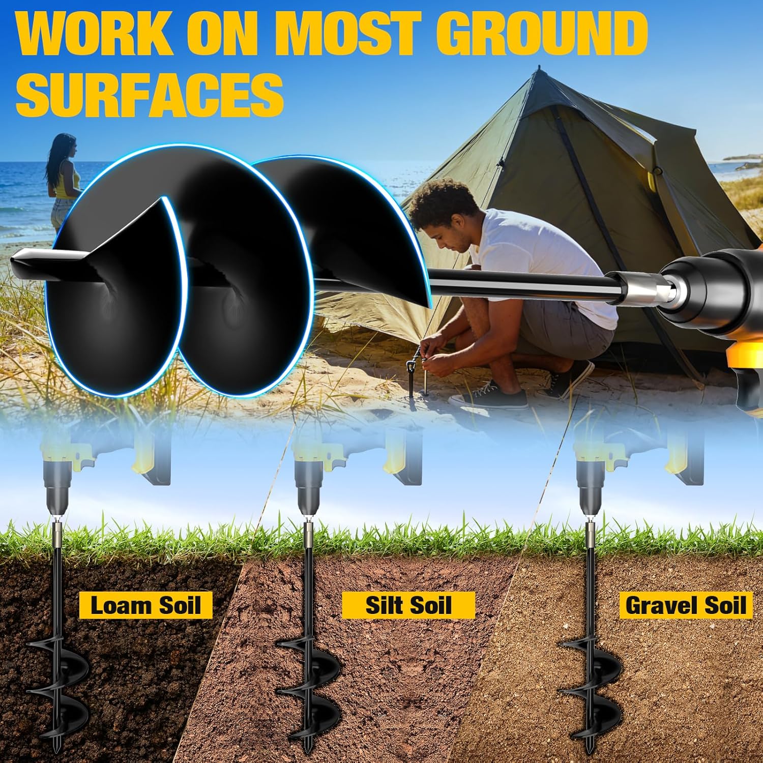Detalle de MIXC 18-Inch Heavy Duty Ground Anchors Screw In (4-Pack) with Straps, Drill Adapter, and Upgraded T-Wrench