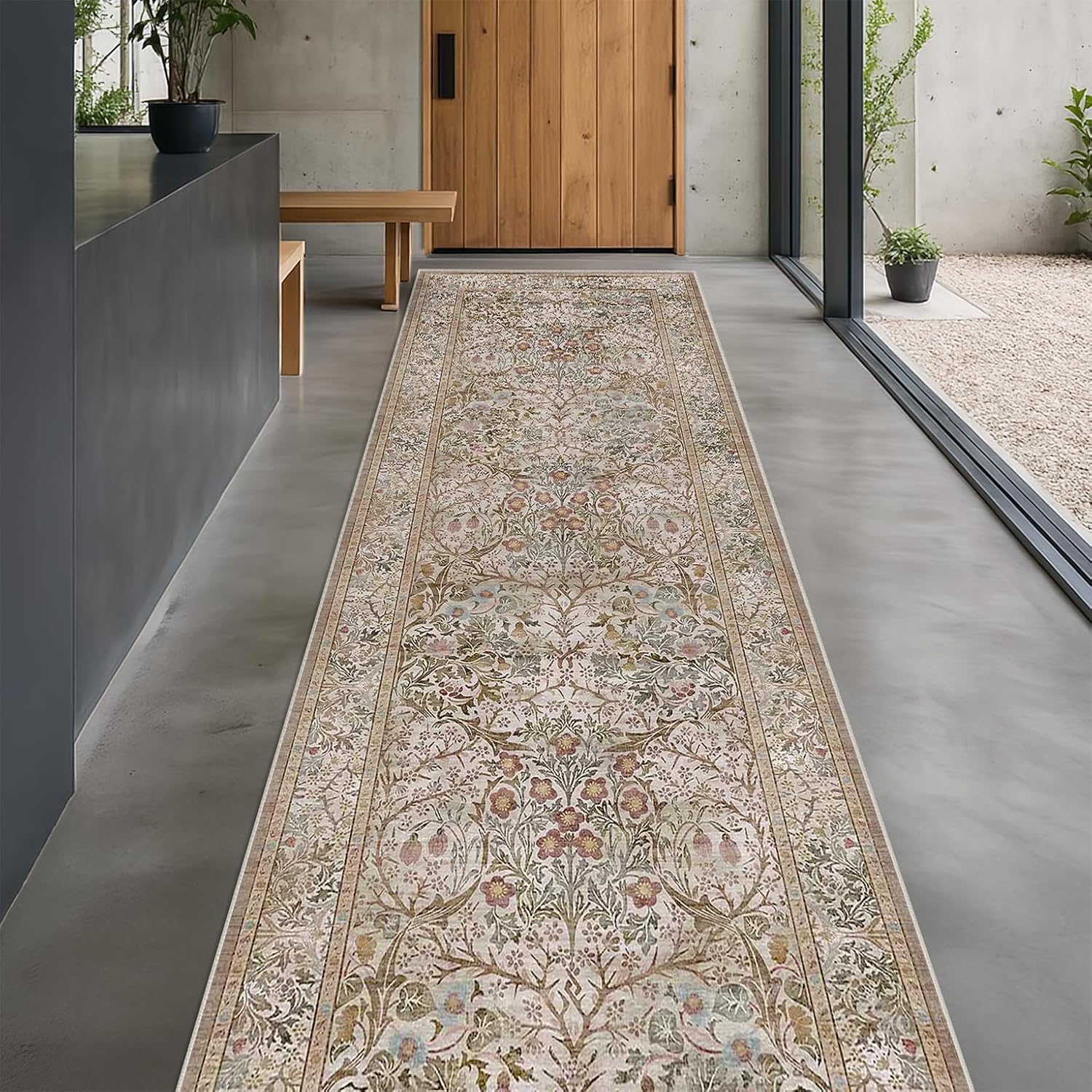 Detalle 2 de Hazo Haus RUG 002 Moss 3' x 12' Runner Rug, Washable Low-Pile Floral
