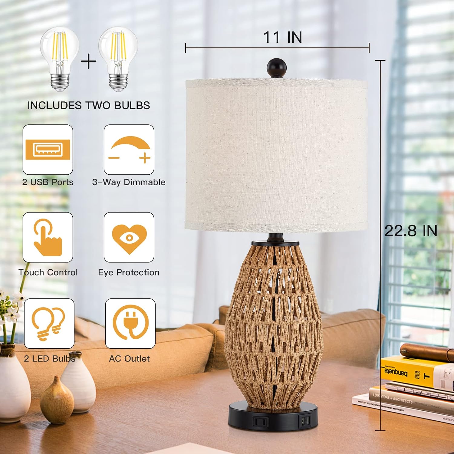 Detalle 2 de CINSARY KN-TL-2201 Rattan Table Lamps, 3-Way Touch Dimming, USB & AC Outlet
