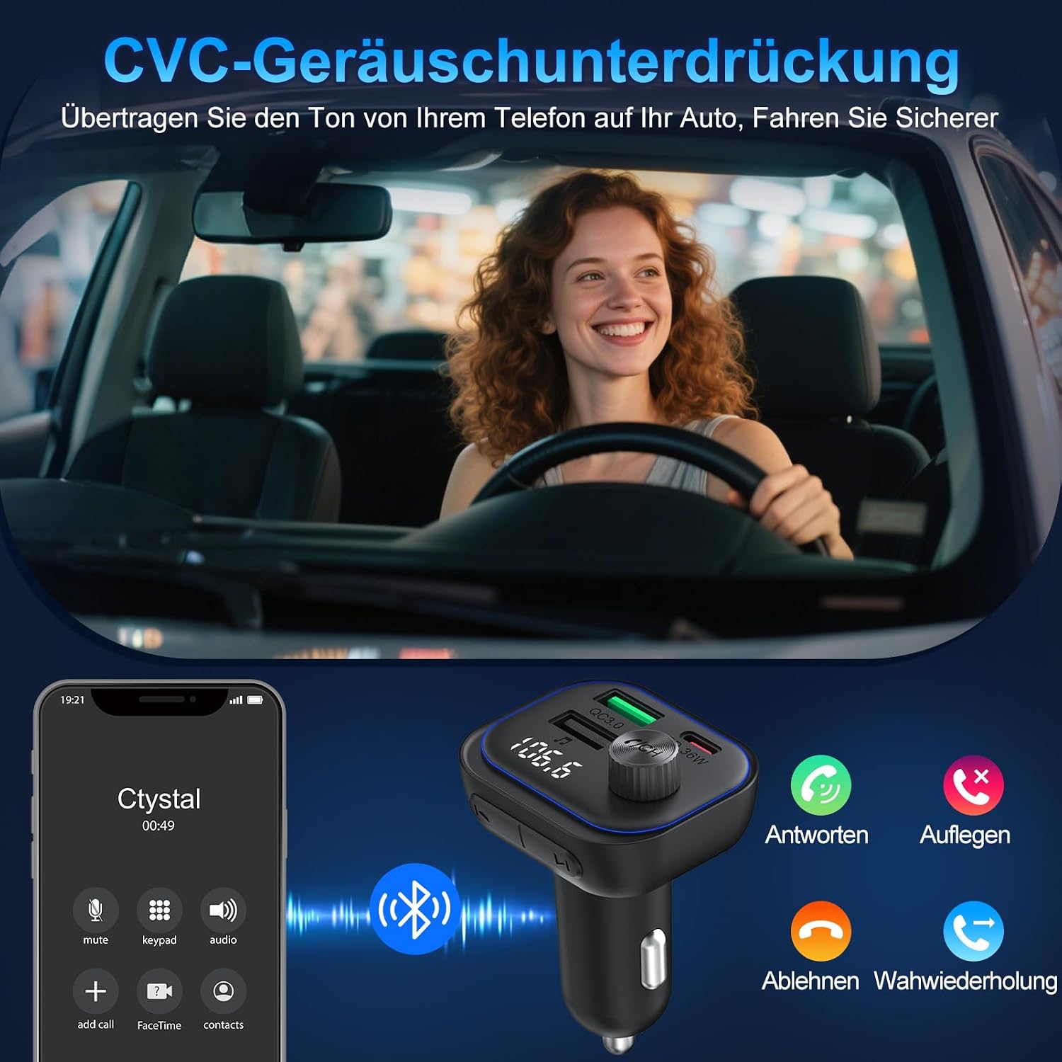 Detalle 2 de Bluetooth Adapter Auto FM Transmitter PD 36W QC3.0 18W Schnelles Autoladegerät KFZ Bluetooth 5.3 HiFi Sound Musik-Player Radio Zigarettenanzünder USB C Freisprechanlage Unterstützt BT U-Disc
Bluetooth Adapter Auto FM Transmitter PD 36W QC3.…