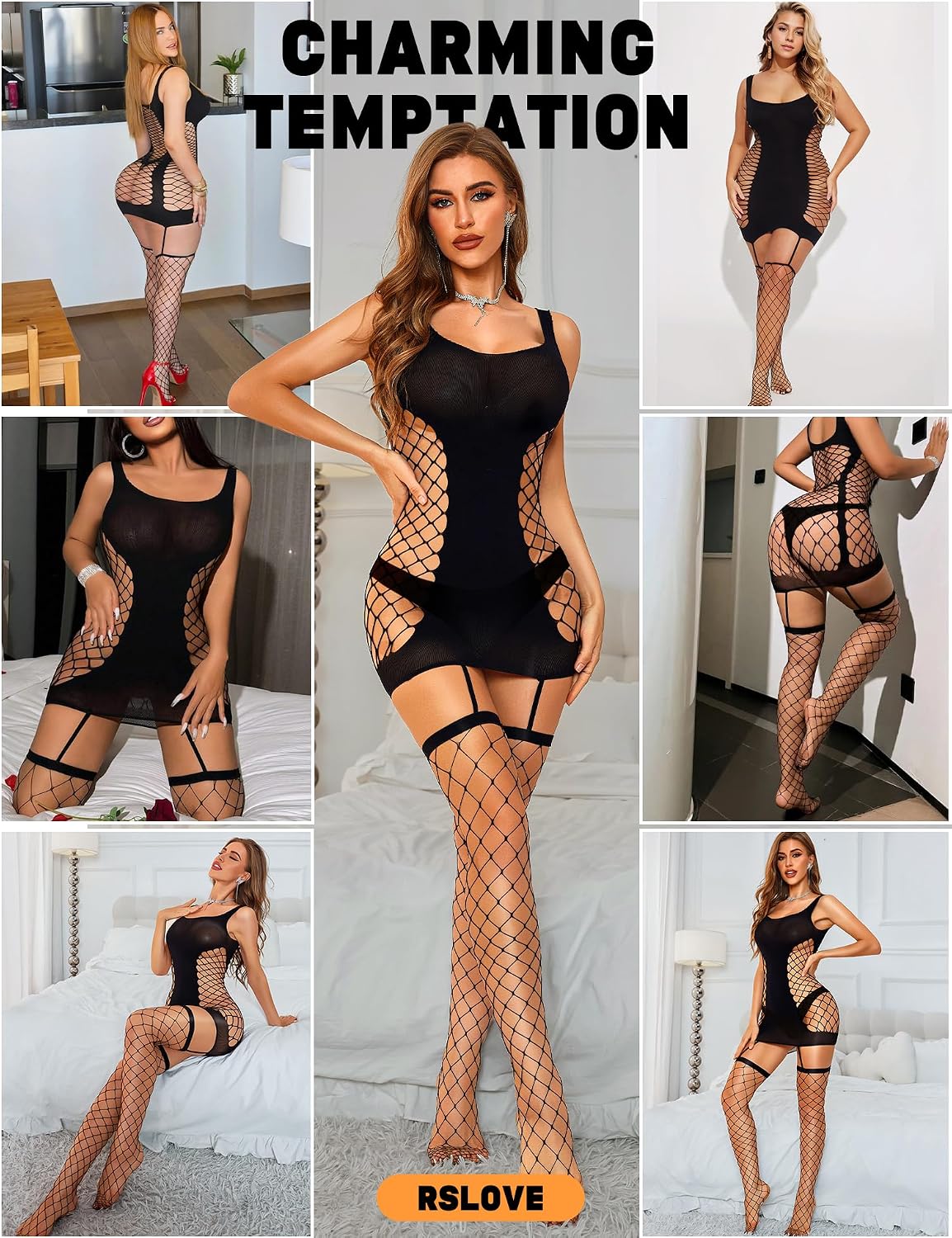 Detalle de RSLOVE Women’s Fishnet Bodystocking with Suspender Tights