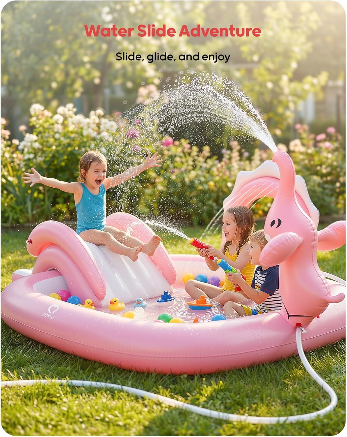 Detalle de QPAU Elephant Kids Pool with Slide and Sprinkler: 72 x 64 x 37 in Inflatable Play Center