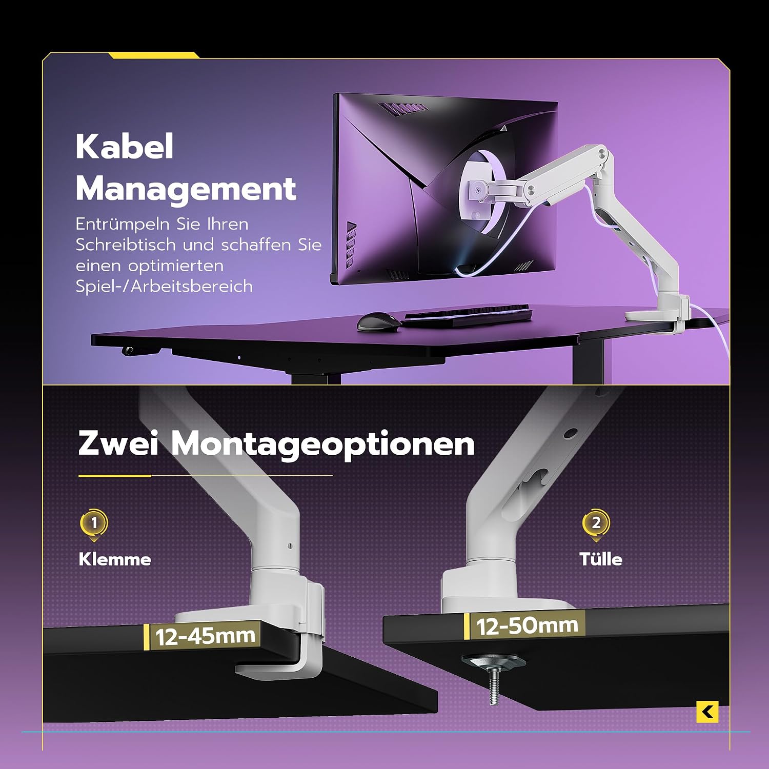 Detalle de ARES WING Monitorhalterung 17–49 Zoll, Gasfeder, 20 kg Tragkraft, VESA 75/100 mm – Weiß