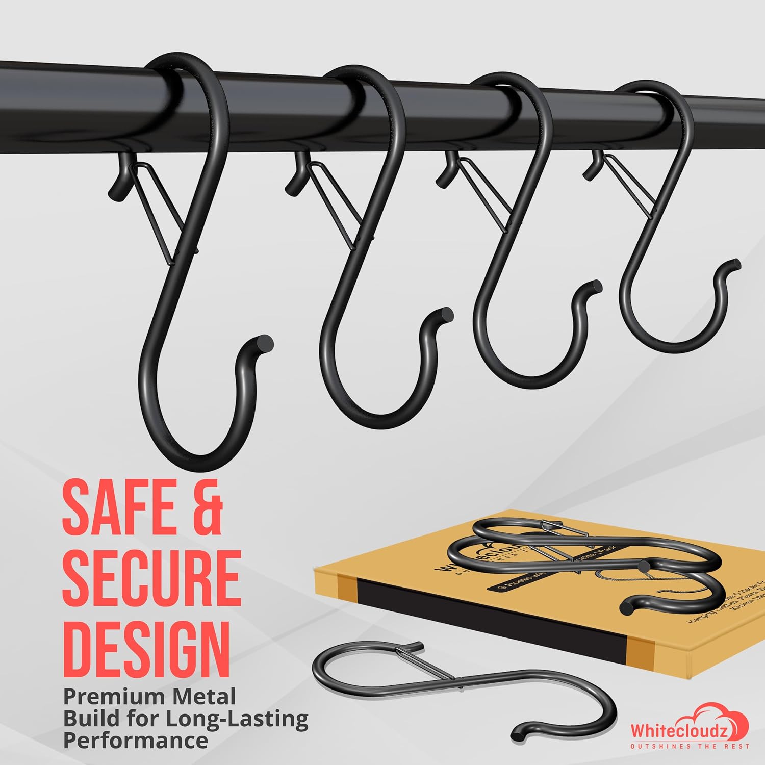 Thumbnail 4 de WHITECLOUDZ 10Pack Heavy Duty S Hooks with Safety Buckle – Wall & Ceiling Hanging Solutions (9.2cm)