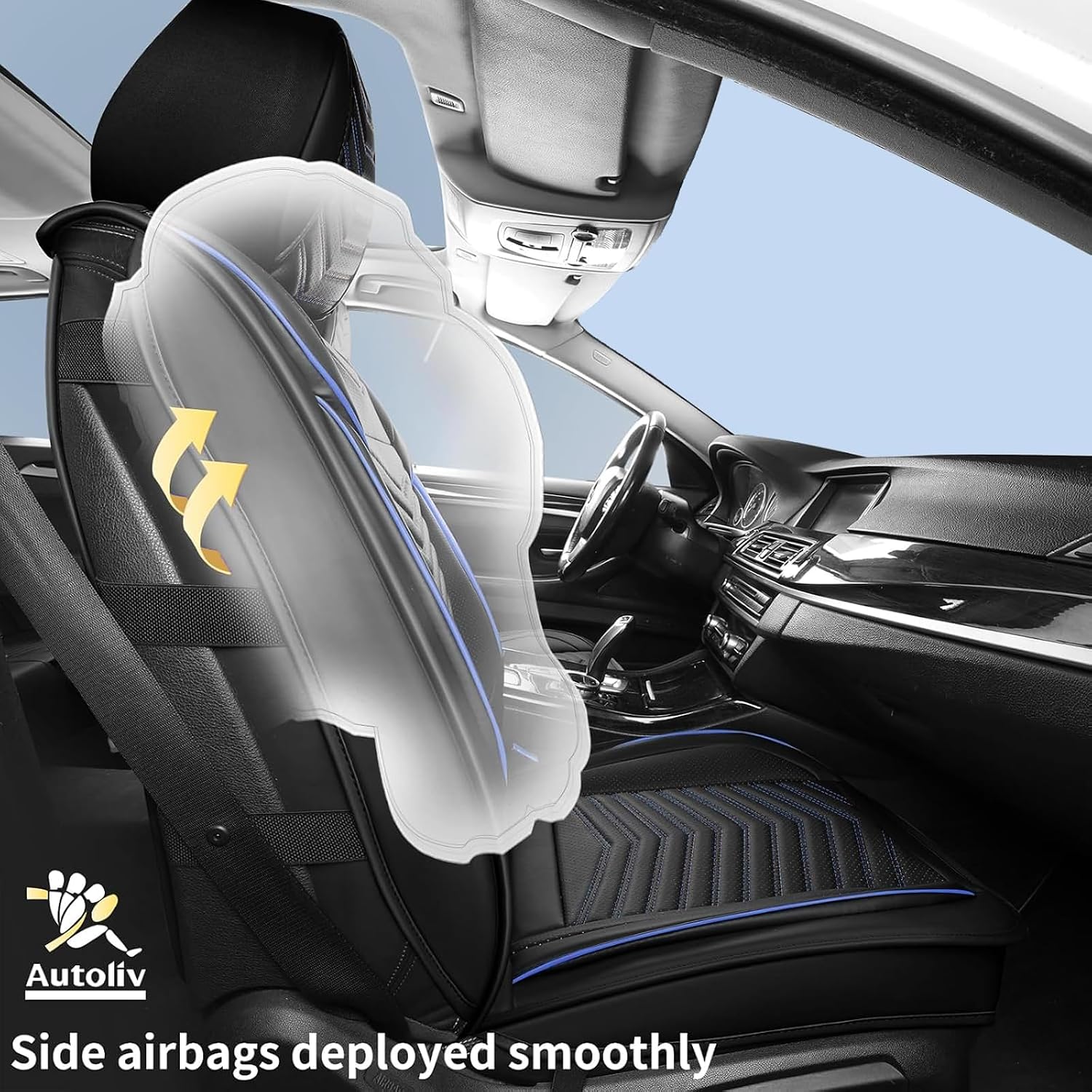 Thumbnail 3 de HChengkikz Universal Car Seat Covers (5-Piece Set) — Breathable, Waterproof Faux Leather, Airbag-Compatible, Black + Blue