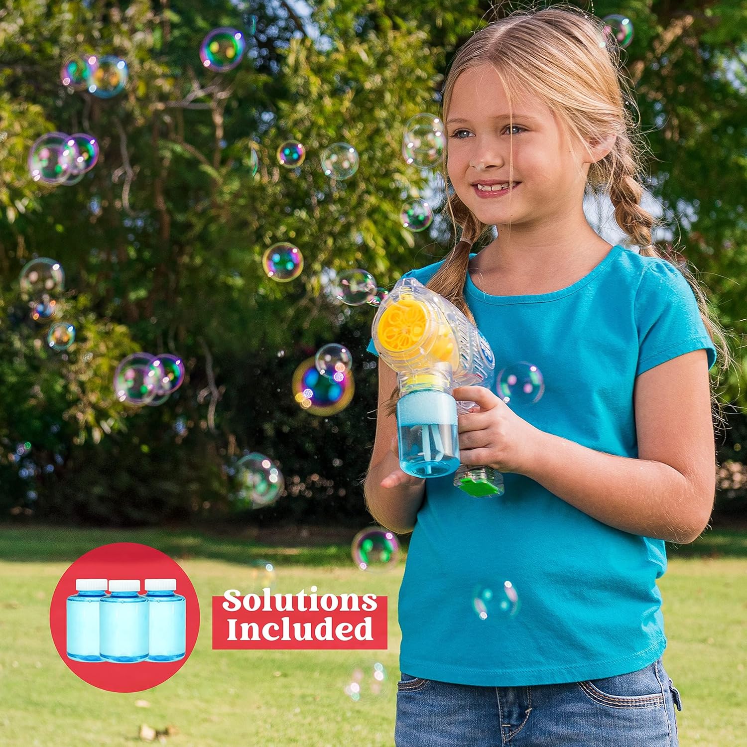 Detalle de JOYIN 3 Packs Bubble Guns with 3 Solutions: A Fun, Safe Bubble Maker Kit for Kids