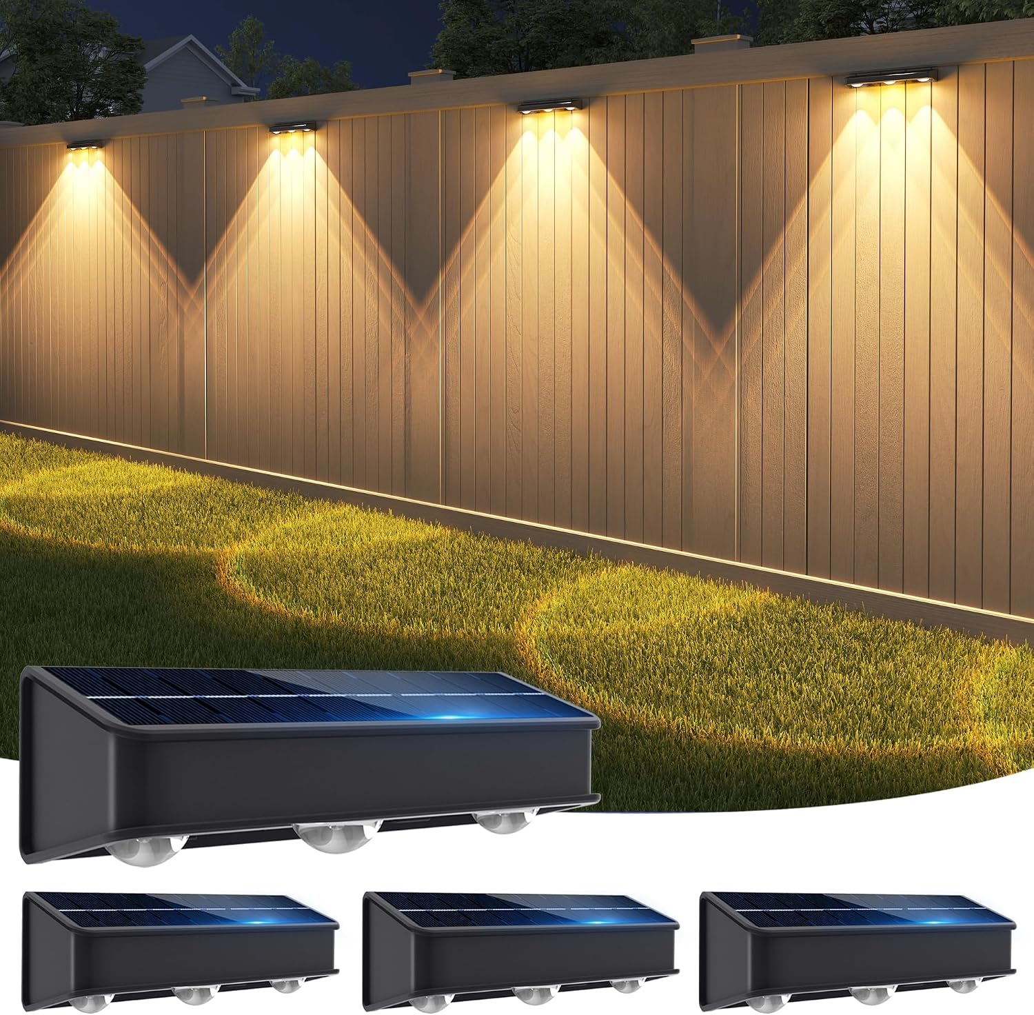Detalle de sununiny Solar Fence Lights Outdoor (4 Pack) – triple-lens LED wall lights with 3 colour modes