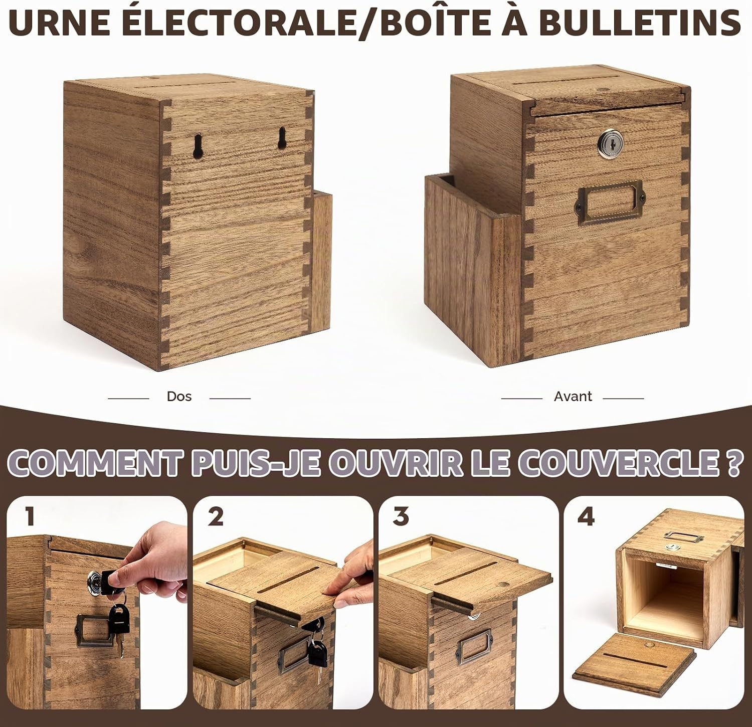 Detalle de KIRIGEN houten adviesbox met slot, zijvak en wandbevestiging