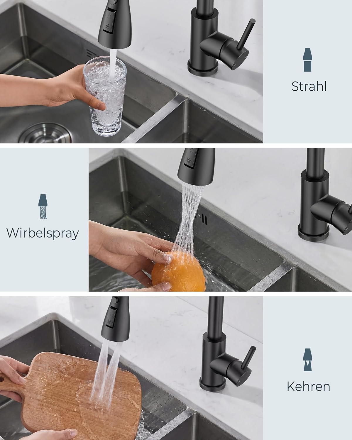 Thumbnail 5 de FORIOUS Küchenarmatur Wasserhahn mit Brause, 360° schwenkbar, 2 Modi, matt schwarz