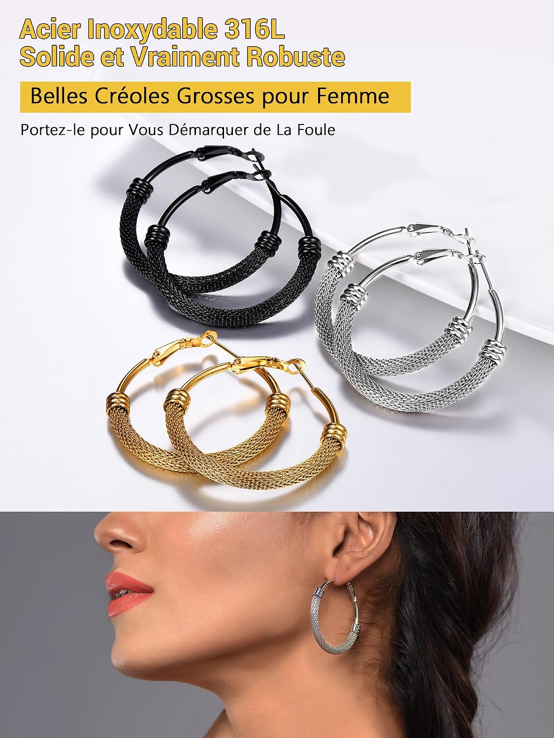 Detalle de PROSTEEL Créoles Acier Inoxydable 40 mm avec Mallas – Anneaux à Maillons (Or 18k / Noir) pour Femme