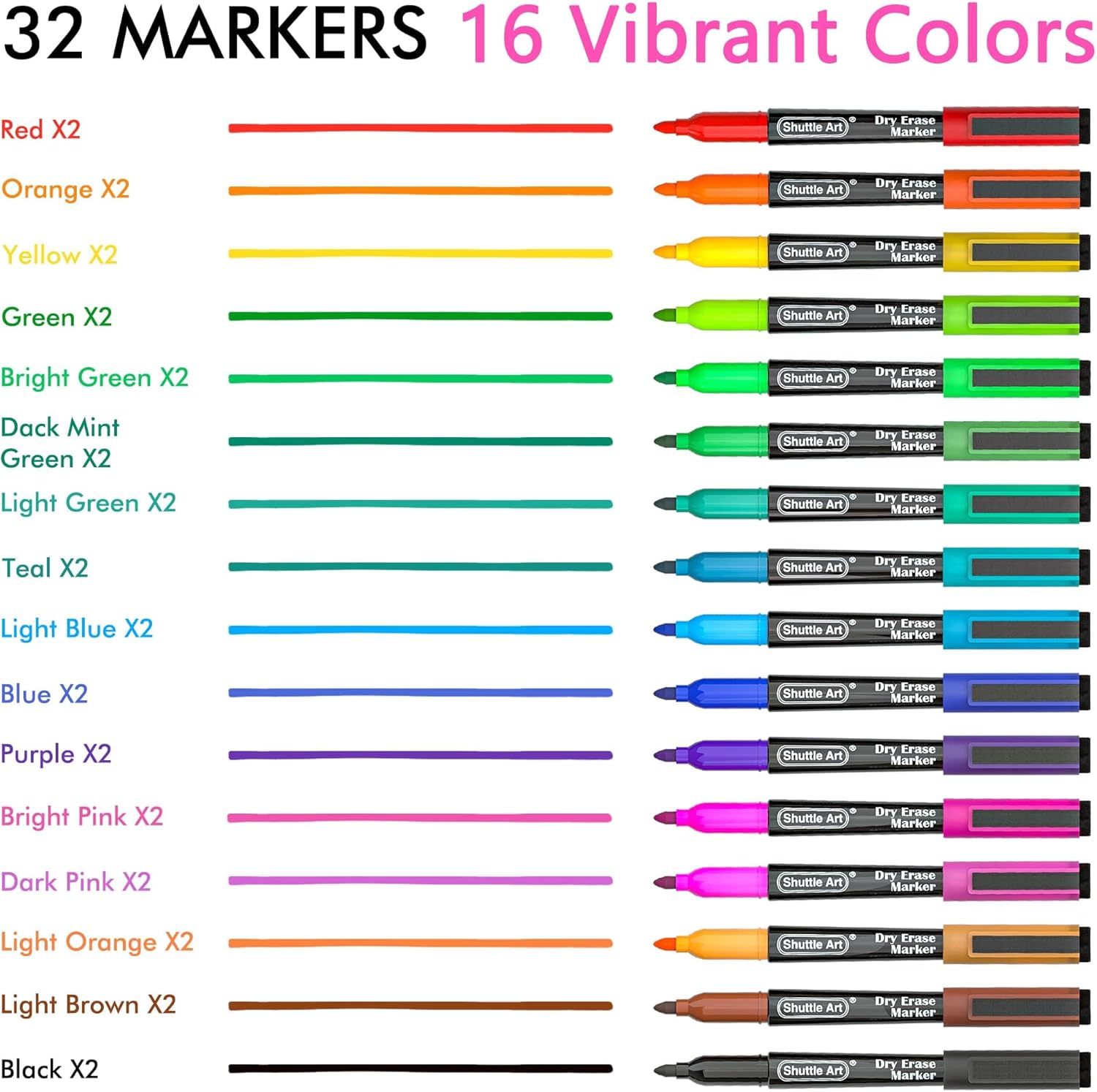 Detalle de Shuttle Art SADEM-C16*2-black barrel Dry Erase Markers, 32-Pack, 16 Colors