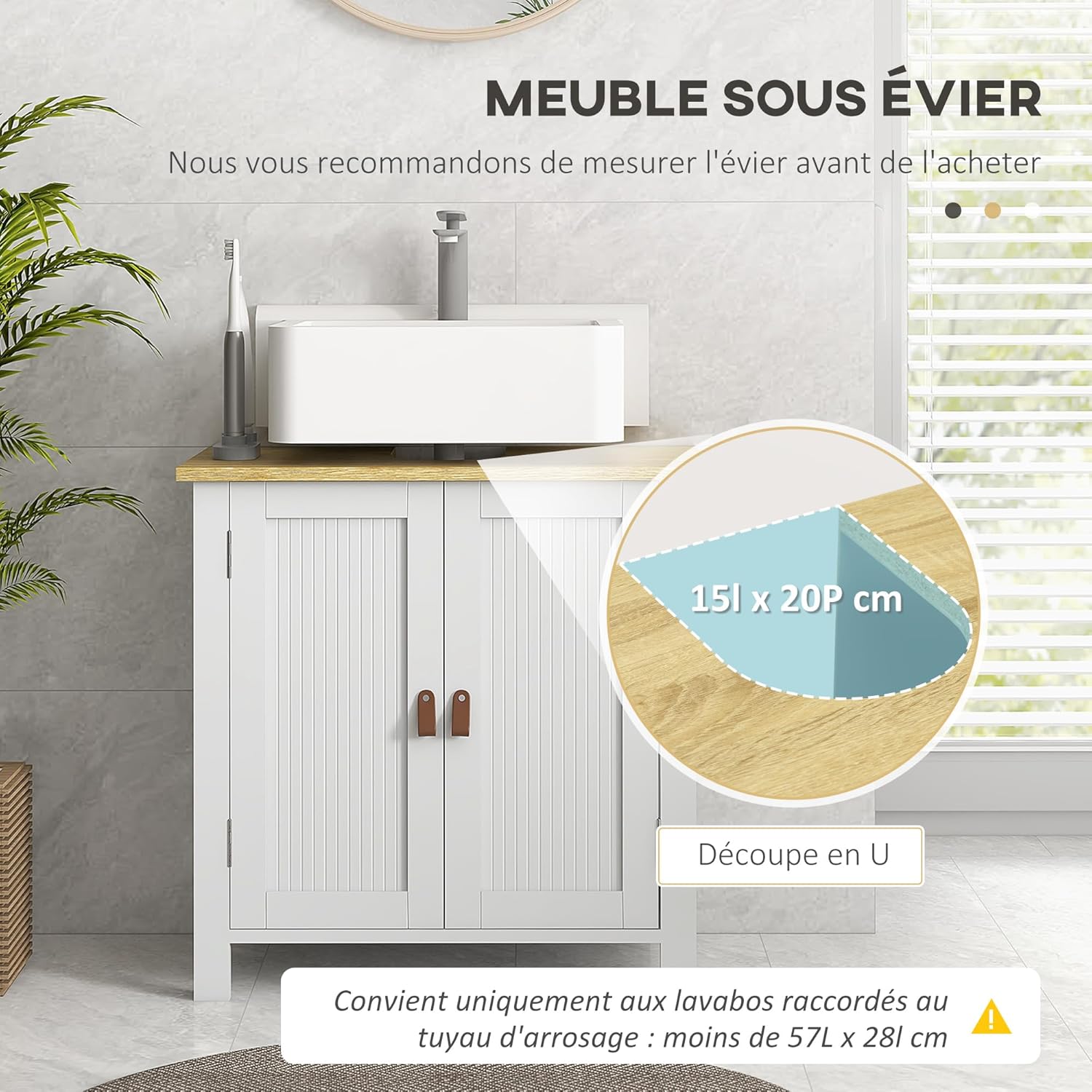 Thumbnail 4 de kleankin Meuble sous-Vasque 60 x 30 x 60 cm, Blanc, 2 Portes et Étagères Réglables