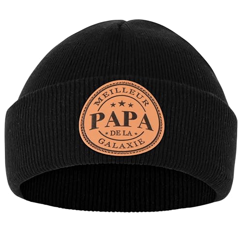 Detalle de Merclix Bonnet Noir Tricoté avec étiquette cuir – cadeau idéal pour papa