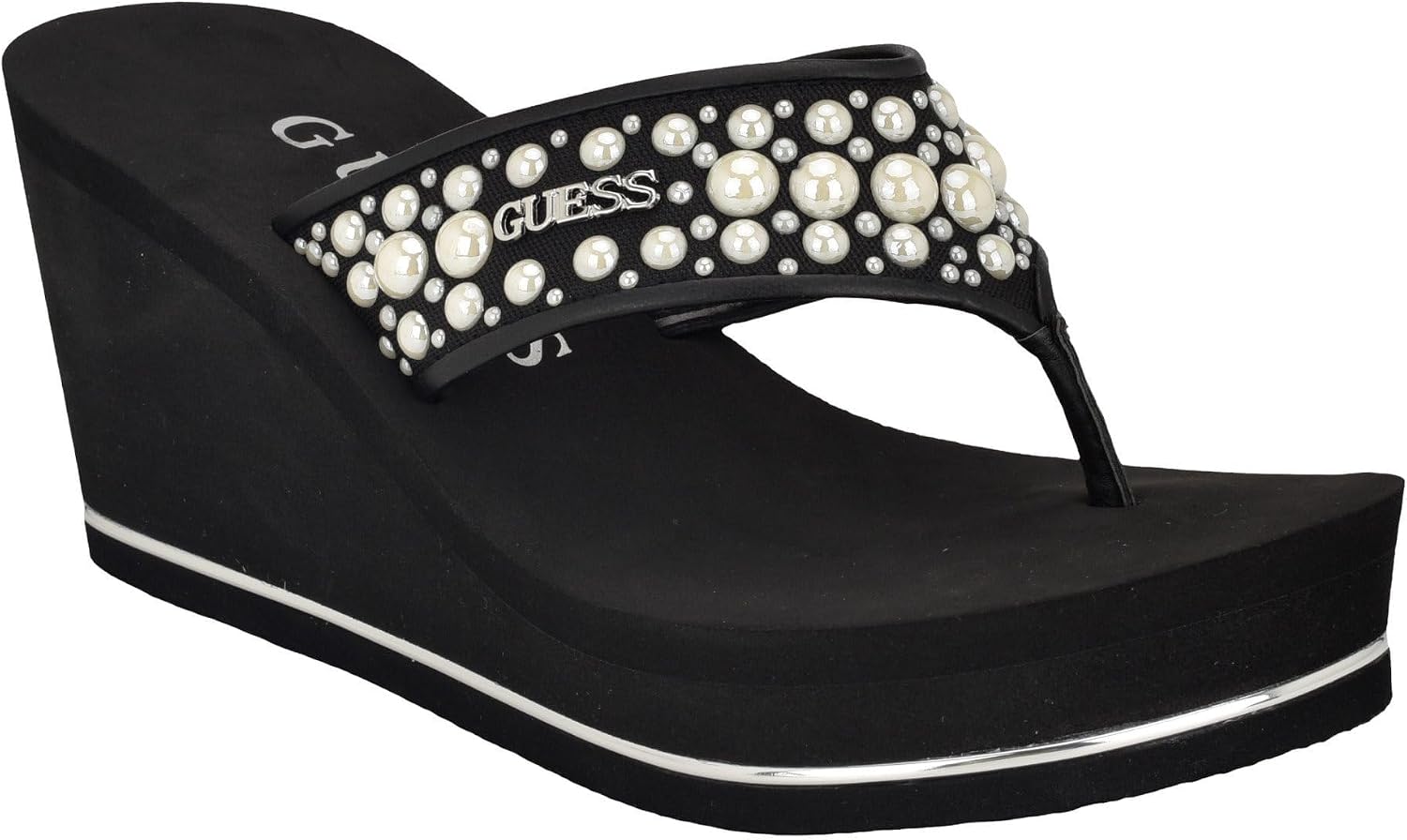 Detalle de GUESS Femme Silus Sandale : élégance perlée et confort sur talon compensé 7,5 cm