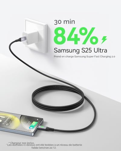 Detalle de INIU câble USB-C vers USB-C 100 W, 1 m, PD 3.0 tressé avec puce E-marker
