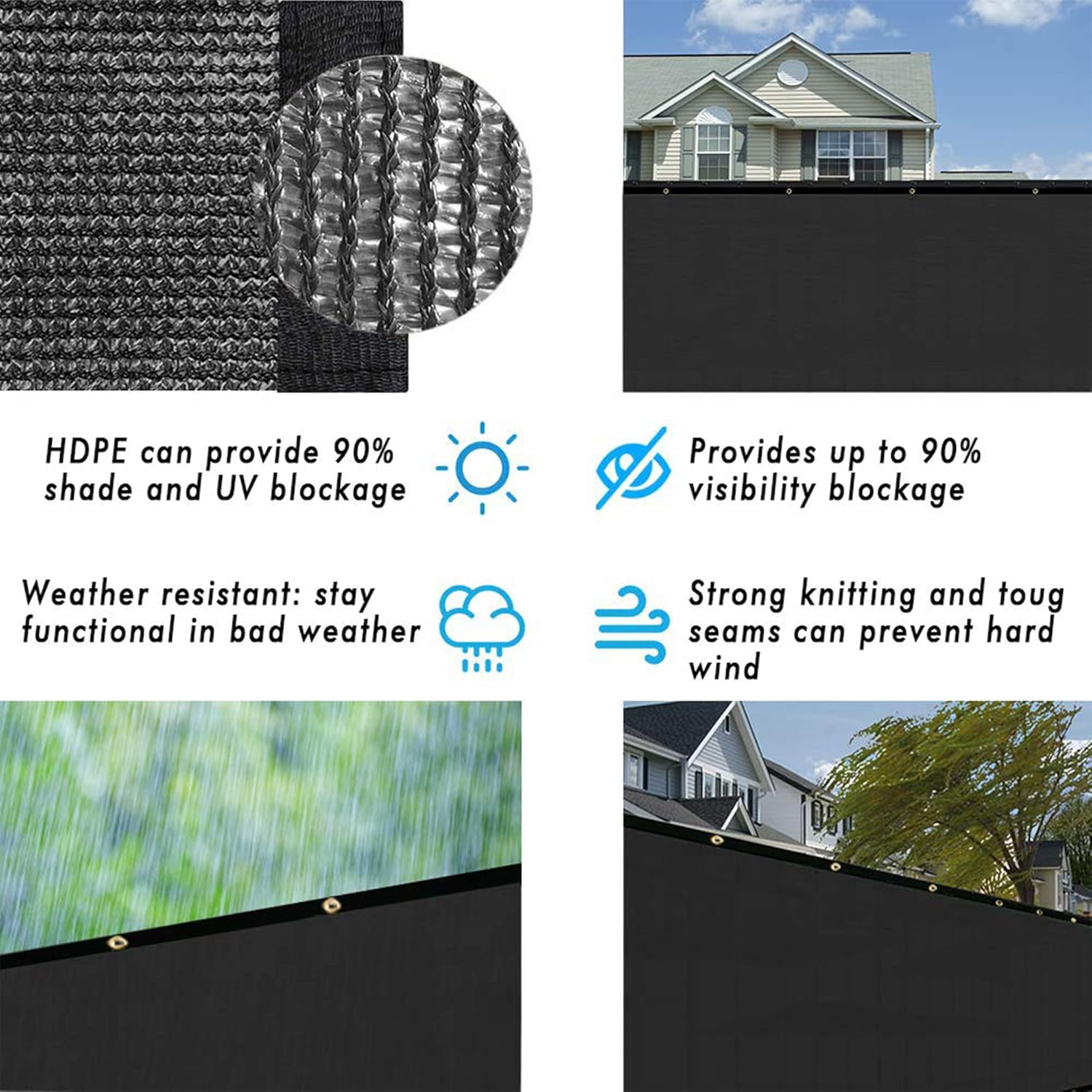 Detalle de UPGRADE Privacy Screen 6' x 50' Fence Shade Cover — Heavy Duty Black, Brass Grommets, Customizable