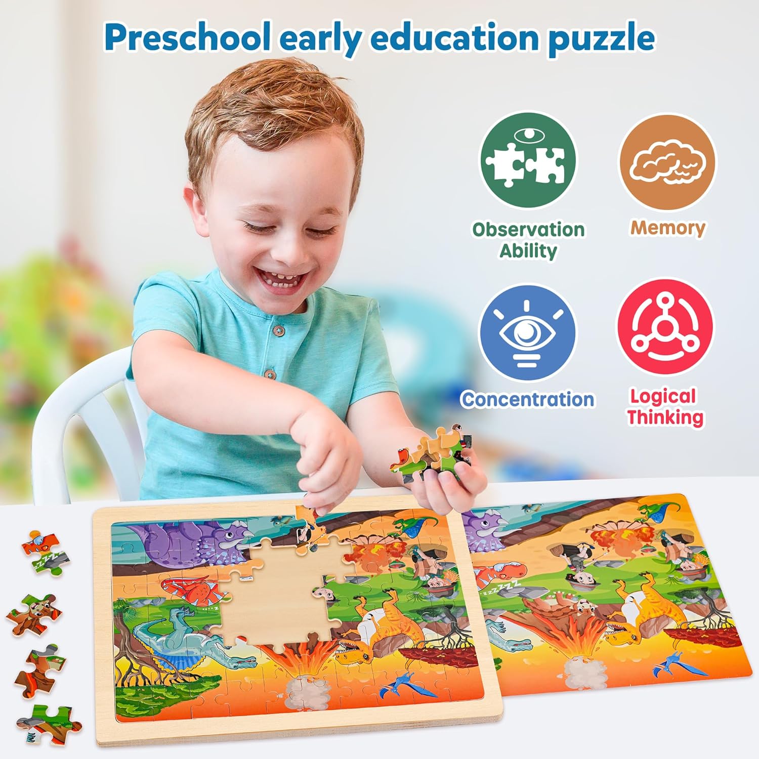 Thumbnail 5 de SYNARRY Wooden Dinosaur Puzzles for Kids (60 pcs, 6 packs) – Durable, Large 11.8 x 8.8 inch Puzzles for Ages 4-8