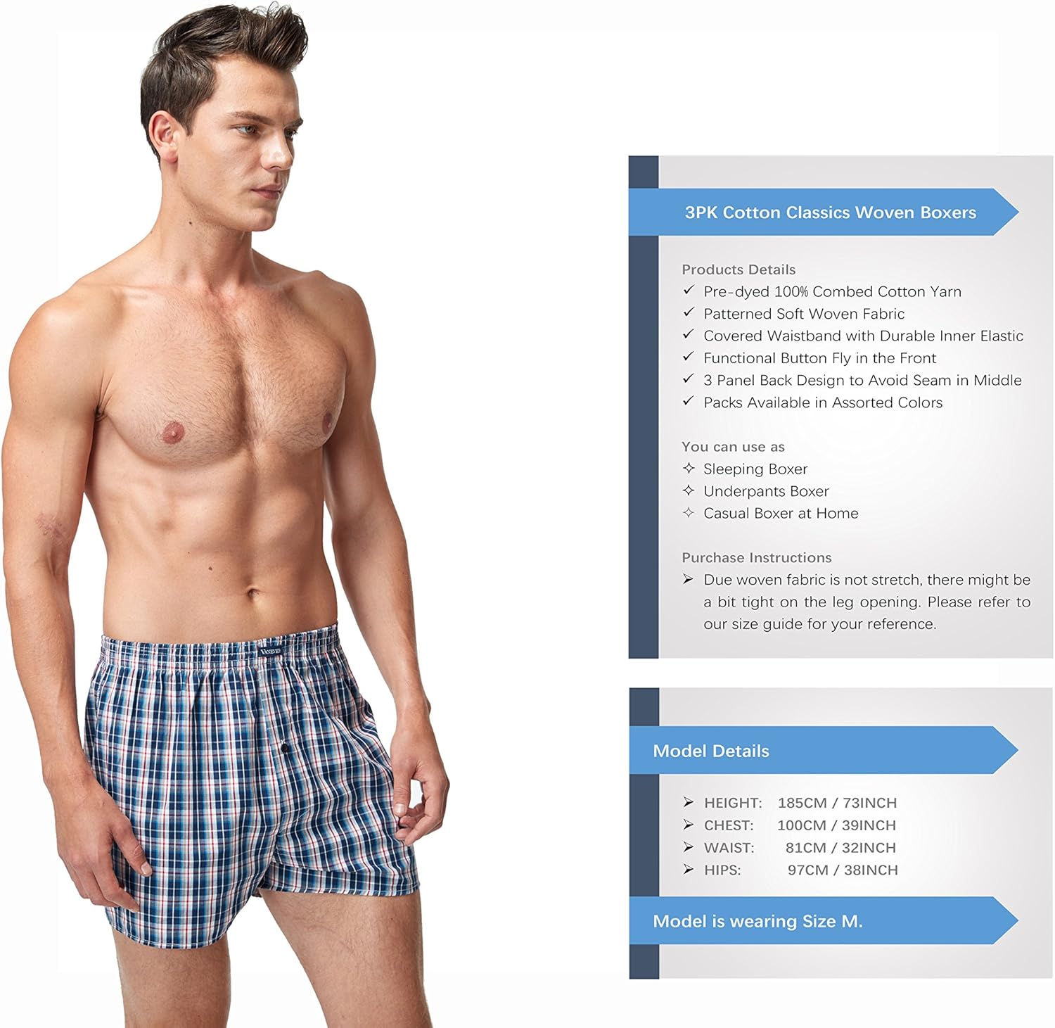 Thumbnail 3 de VANEVER Cotton Men’s Boxers: Soft, breathable woven boxer shorts with button fly
