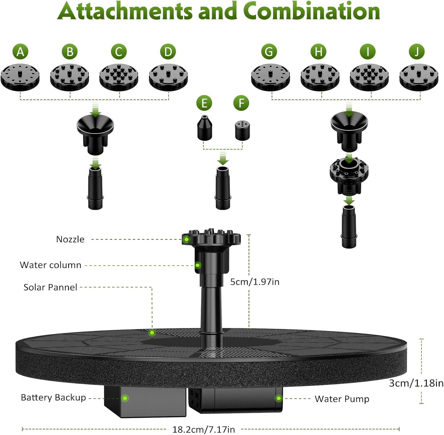 Thumbnail 6 de AISITIN Solar Fountain 3.5W Circle Solar Water Pump with Built-in Battery and 10 Spray Nozzles