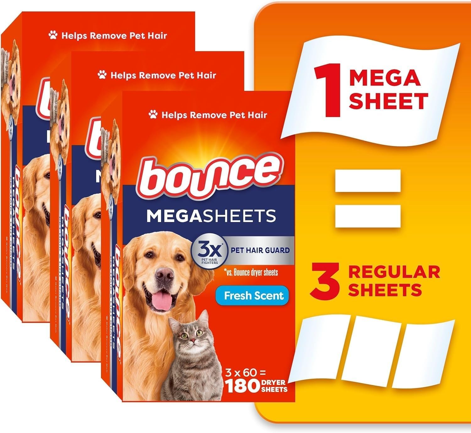 Detalle de bounce Pet Hair & Lint Guard Mega Dryer Sheets, 3X Hair Fighters, 180 Count