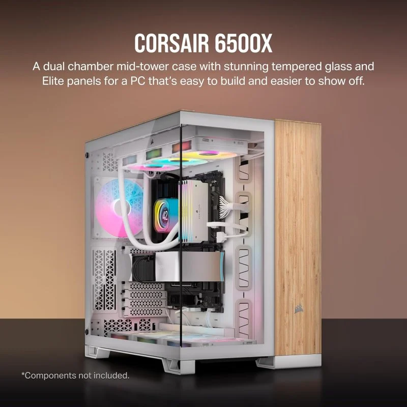 Detalle 2 de Corsair 6500X: Semitorre ATX de doble cámara con cristal templado, USB-C y acabado blanco bambú