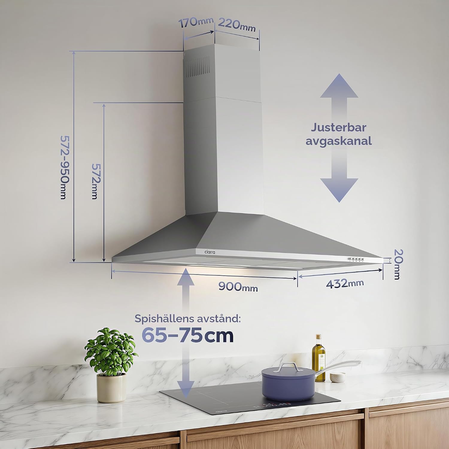 Detalle de CIARRA CBCS9201 A++ väggmonterad köksfläkt, 90 cm, 3 hastigheter