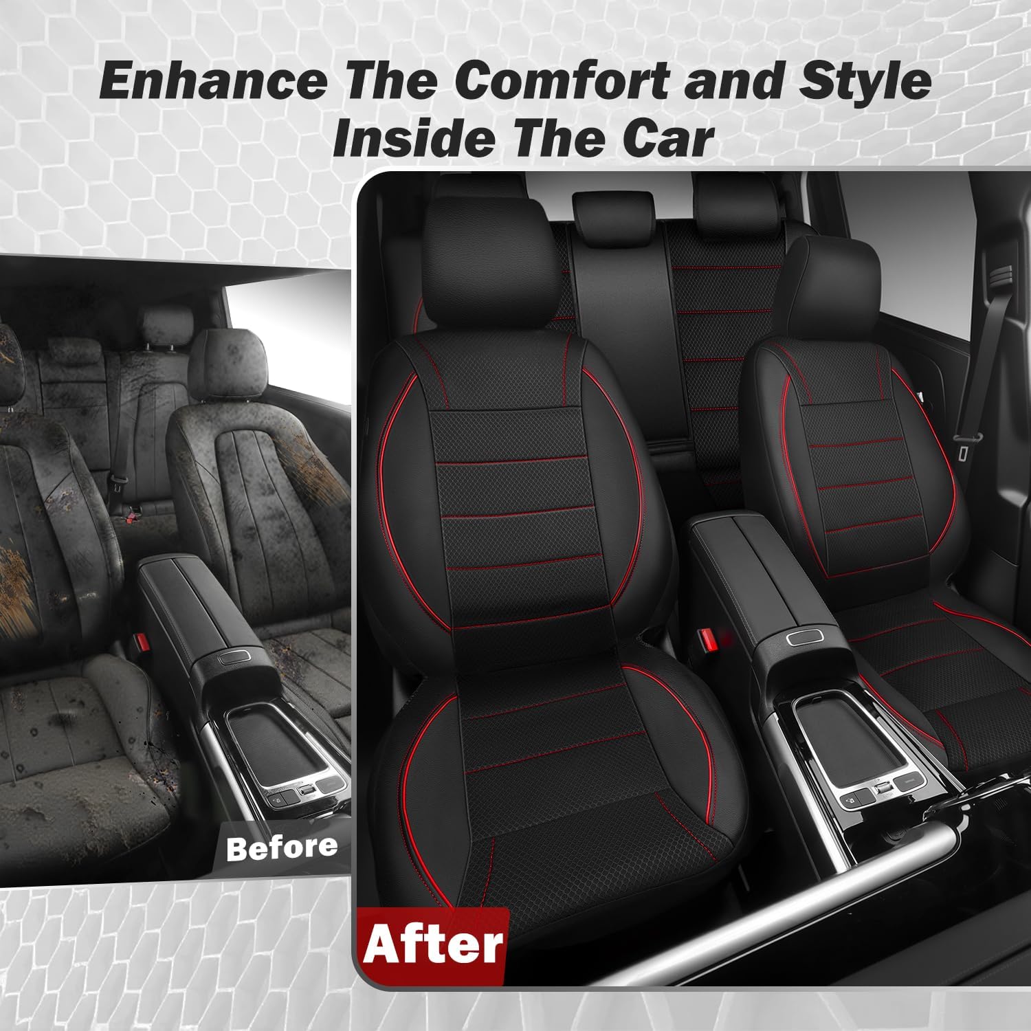 Thumbnail 6 de CAR PASS Mesh Leather Car Seat Covers Full Set (Airbag Compatible) — Black and Red