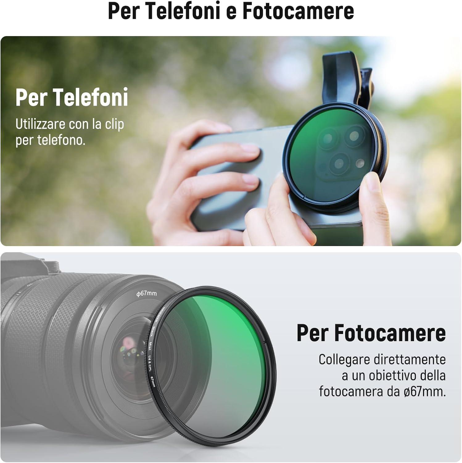 Thumbnail 6 de NEEWER kit filtro 2in1 67mm CPL + Black Diffusion 1/4 con clip per smartphone