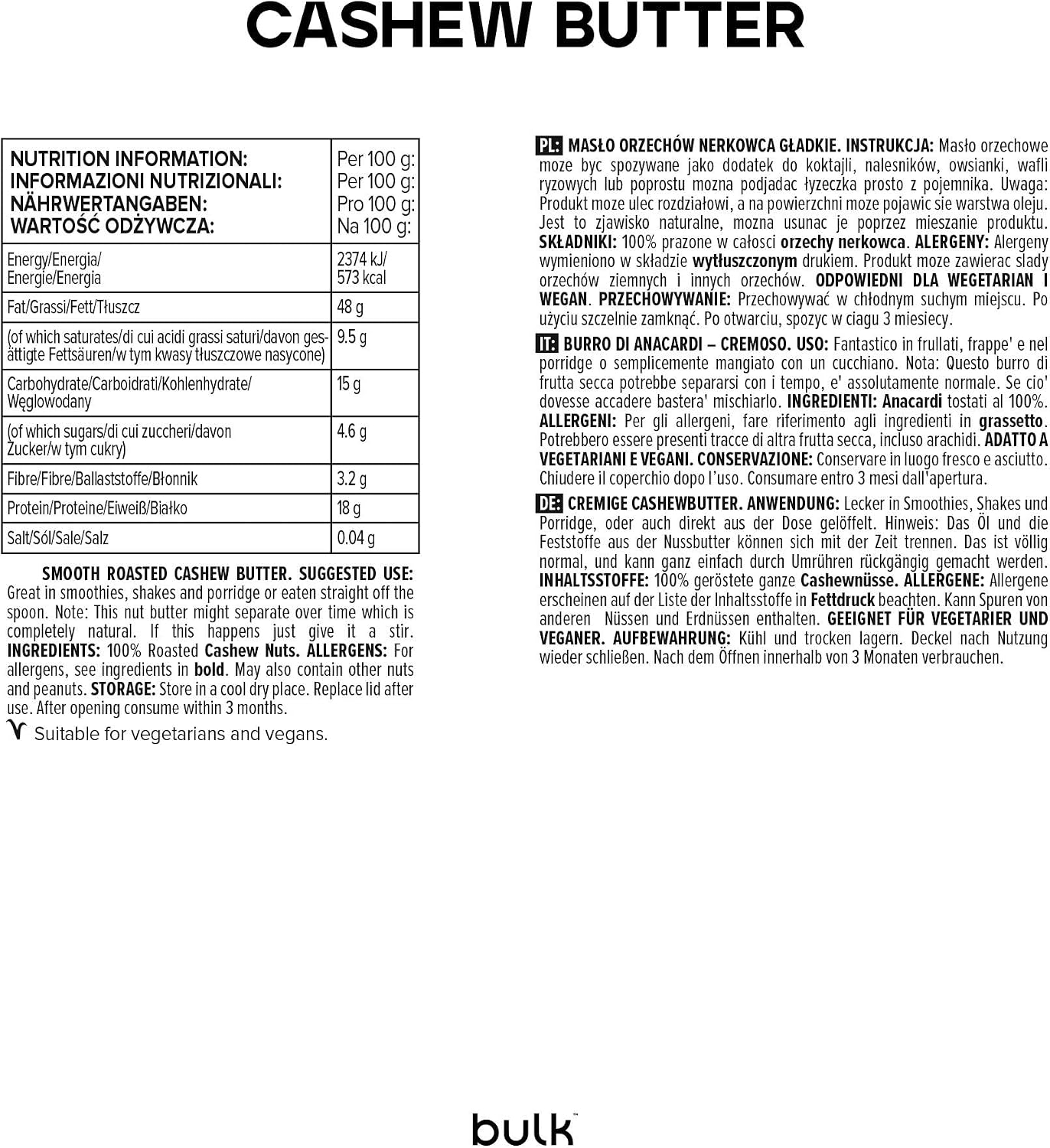 Detalle 2 de Bulk Natürliche, geröstete Cashewbutter, glatt, 1 kg – rein aus Cashewkernen