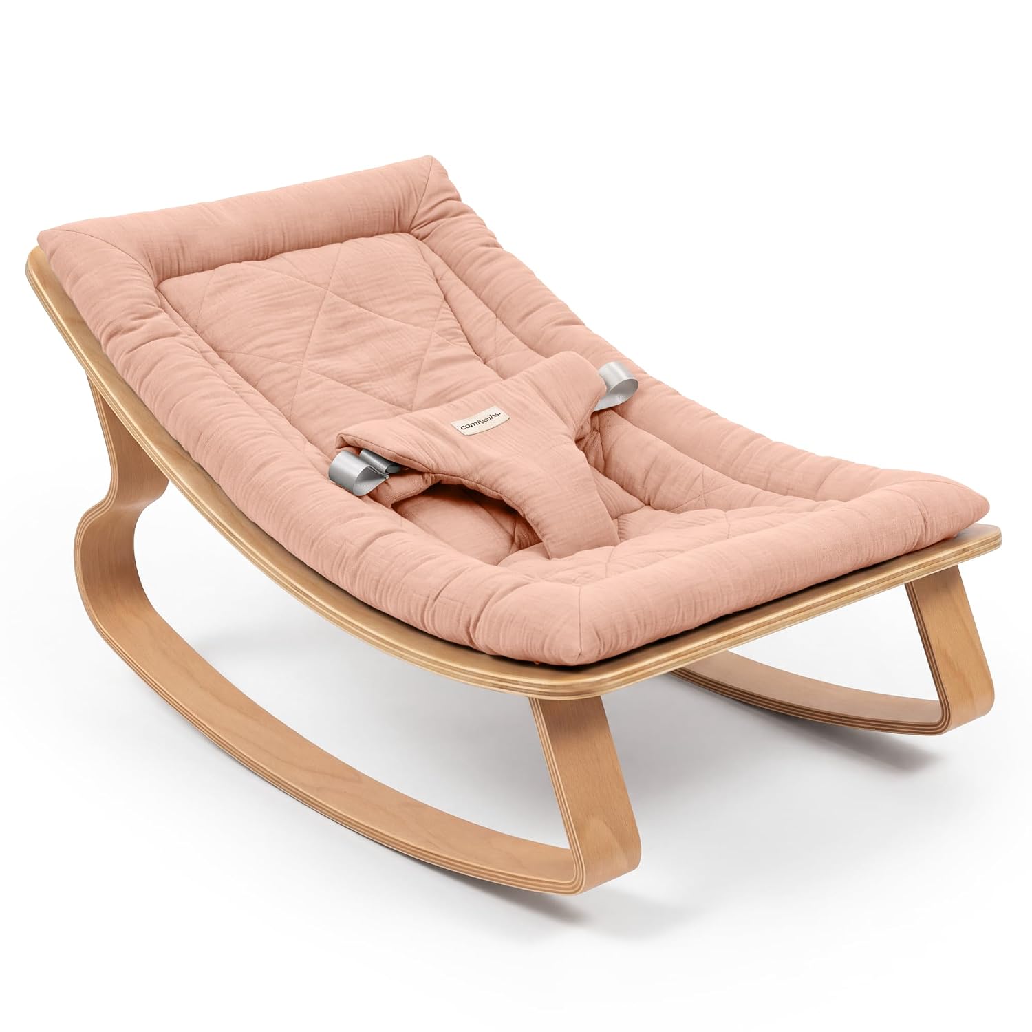 Detalle de Comfy Cubs Baby Rocker, Wooden Infant Recliner with Removable Muslin Cushion, Blush