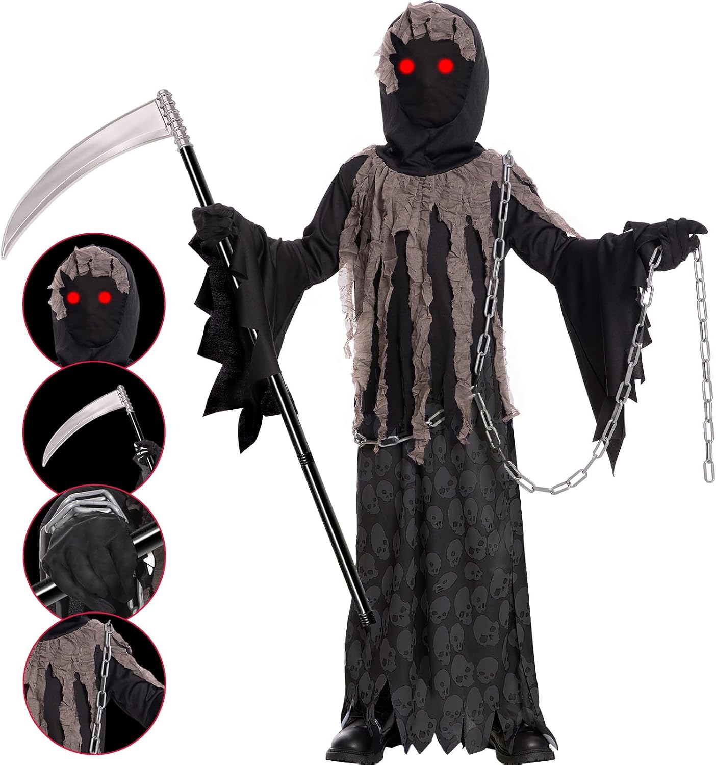 Detalle de Lomesion Kids' Grim Reaper Costume with Glowing Red Eyes, Chain and Scythe