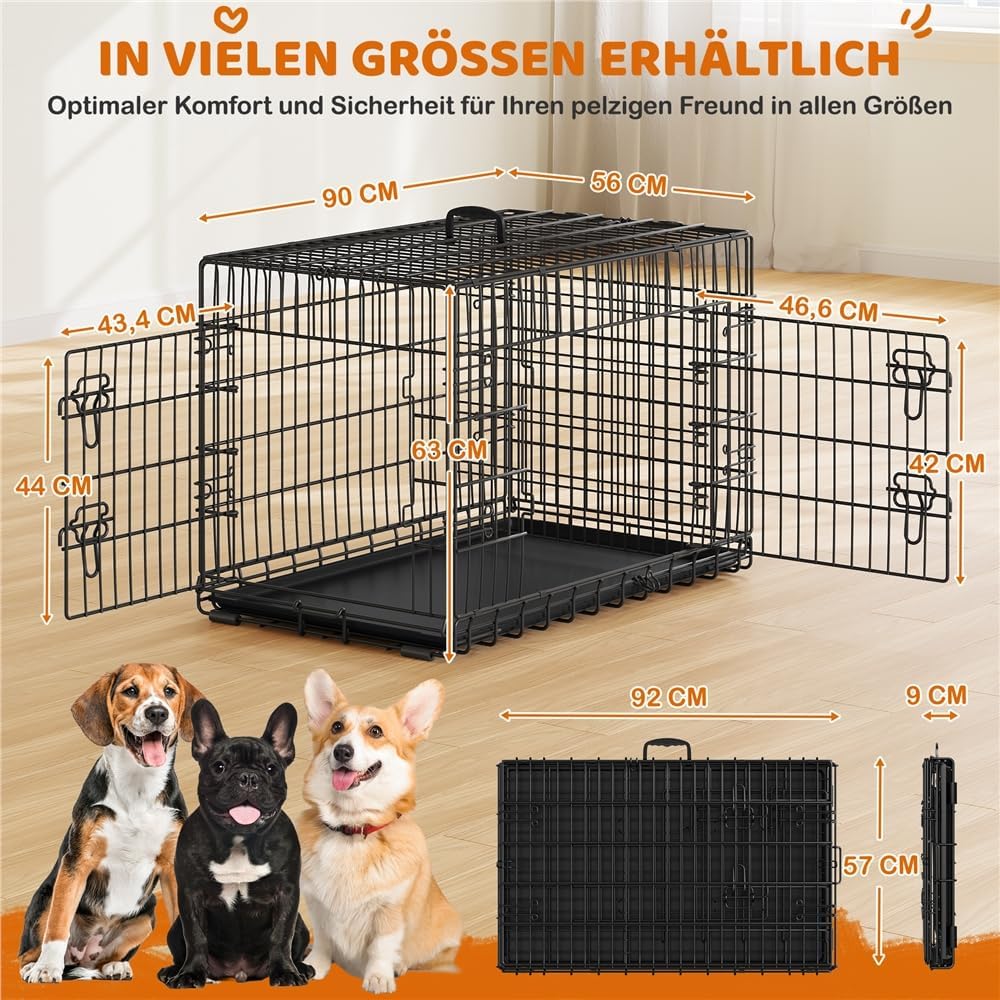Detalle de Yaheetech faltbarer Hundekäfig 90 x 56 x 63 cm mit Trennwand, 2 Türen und ausziehbarer Bodenschale (L), Schwarz
