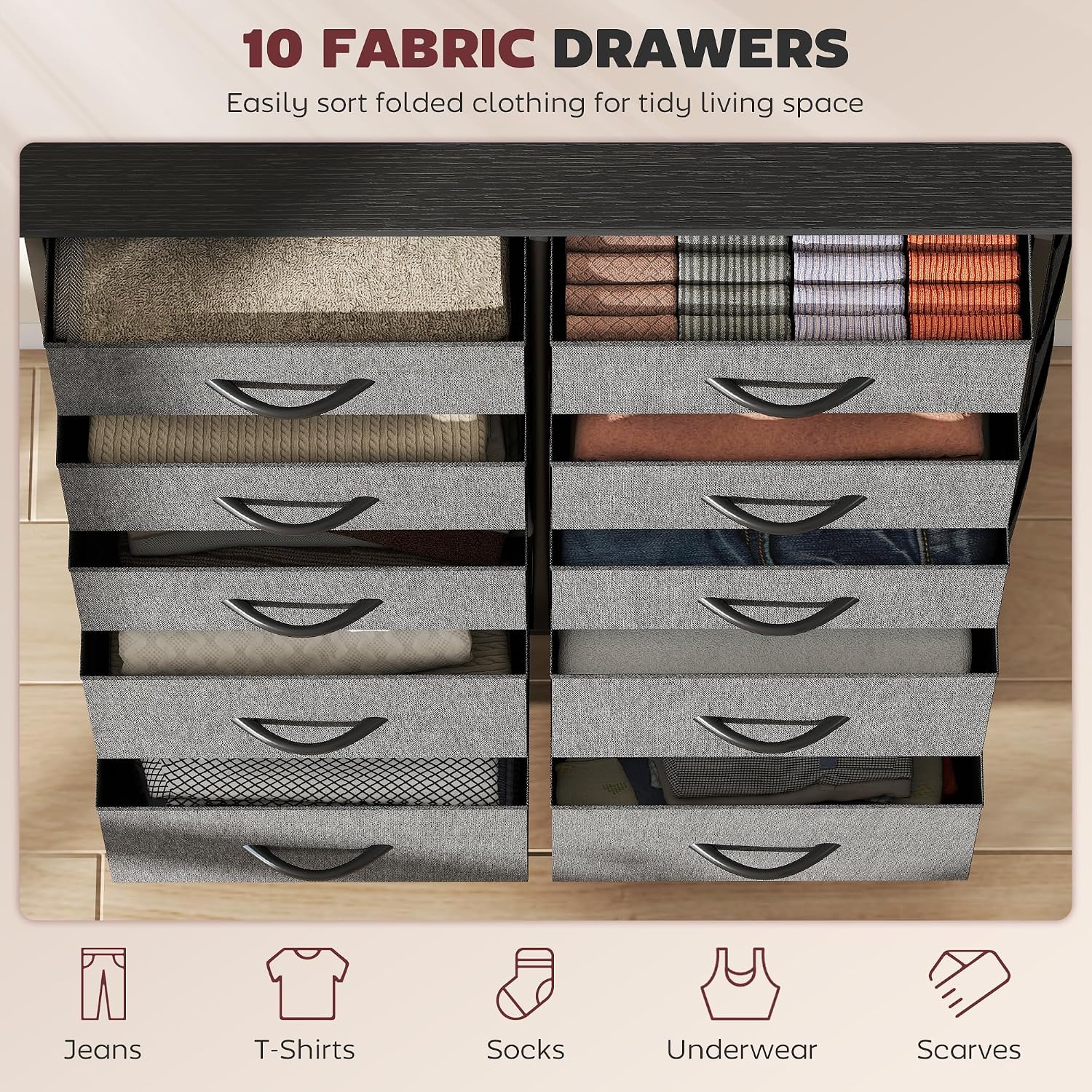 Detalle 2 de HOMCOM 83D-064V03GY Fabric Chest of Drawers, 10 Drawers, Charcoal Grey