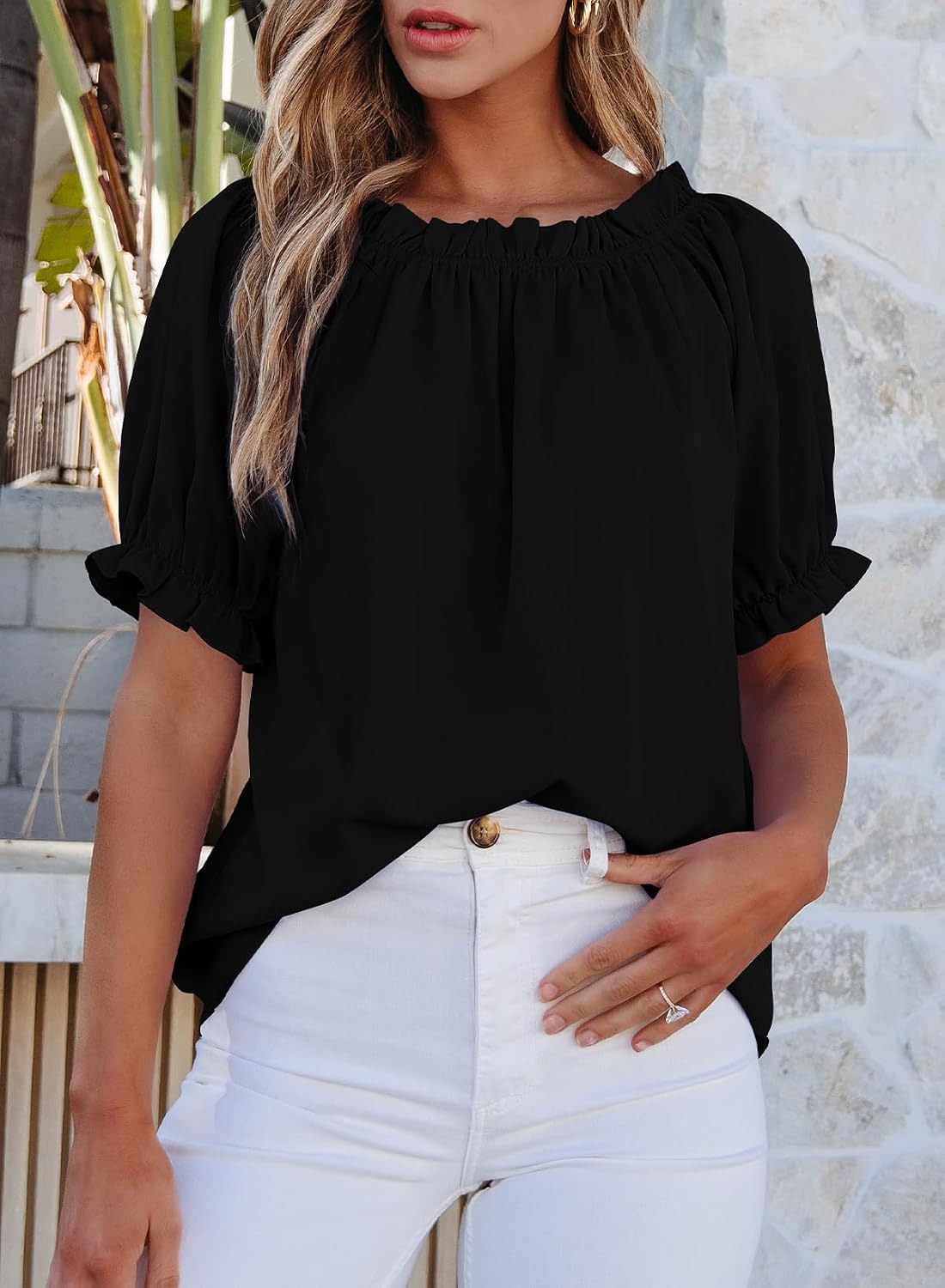 Detalle de EVALESS Off the Shoulder Blouse for Women — Dressy Casual Puff Sleeve Top (2026)