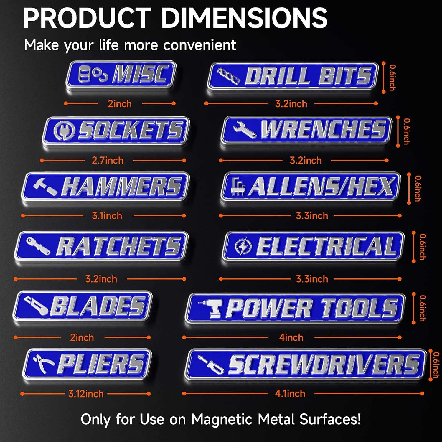 Thumbnail 1 de VTRUSTA 12-Piece Magnetic Metal Toolbox Labels, Blue, Embossed, 2–4.1 Inches