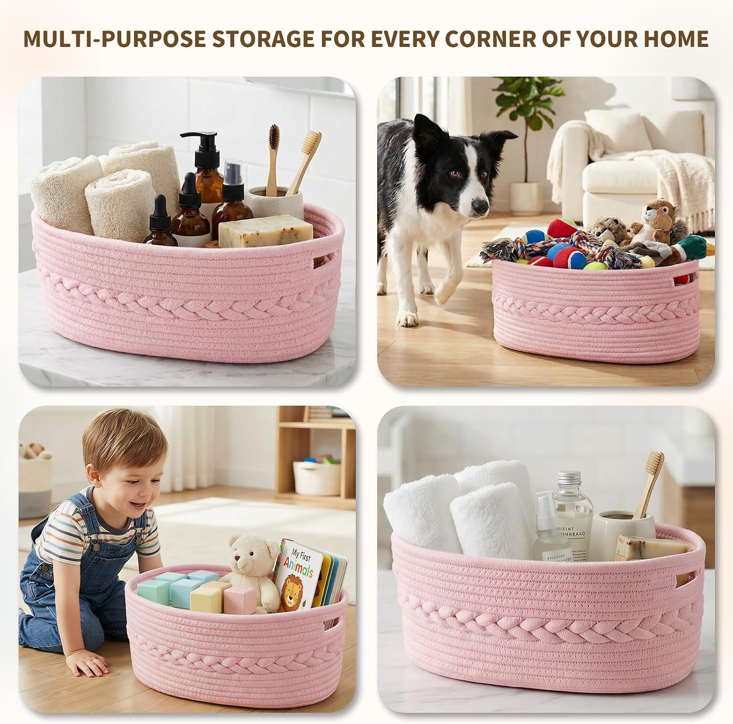 Detalle de COSYLAND Small Pink Woven Cotton Rope Gift Basket Set with Bag and Ribbon